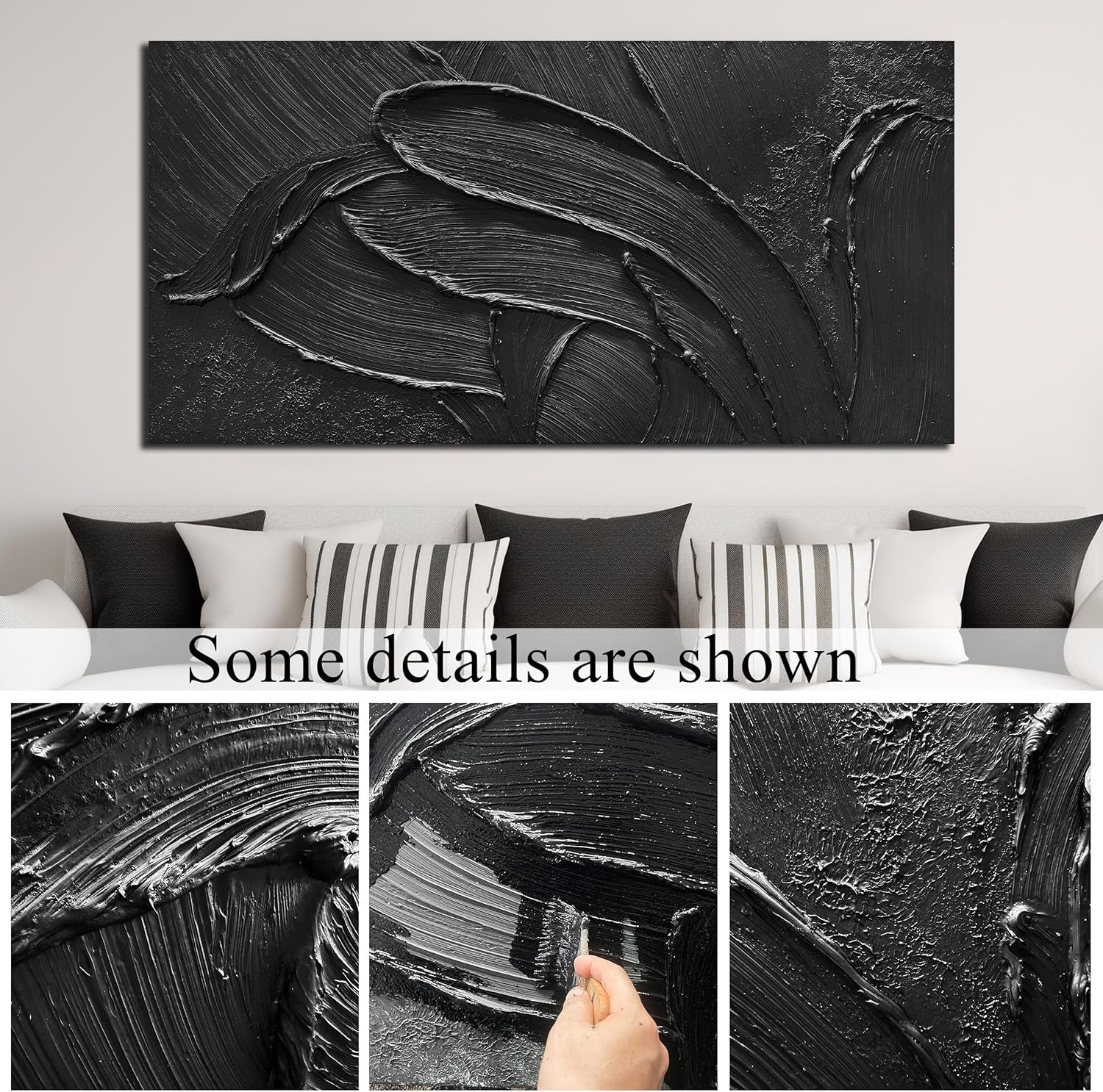 Black Abstract Wall Art Textured Large 29x58 Inches-3