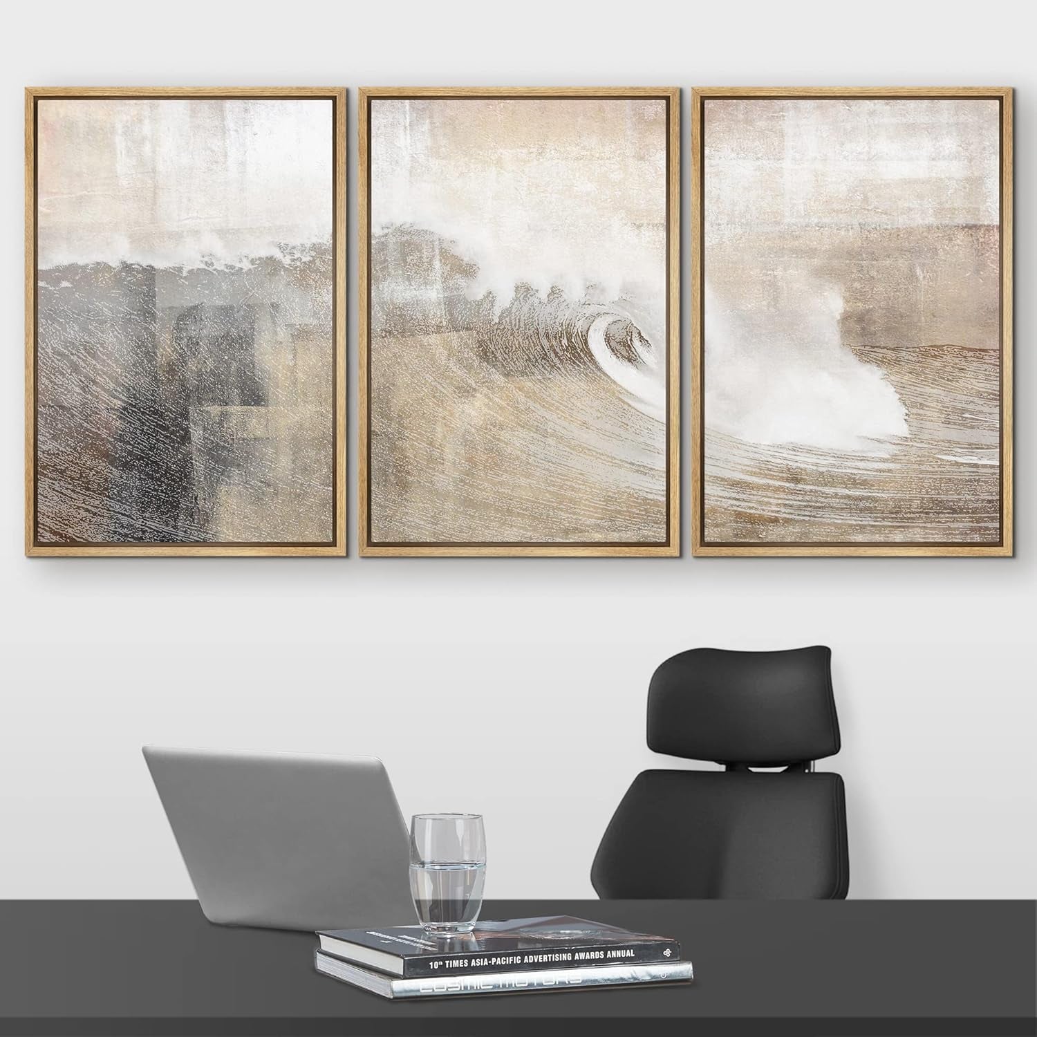Framed Canvas Wall Art GrayTan OceanWave Collection Three Piece-1