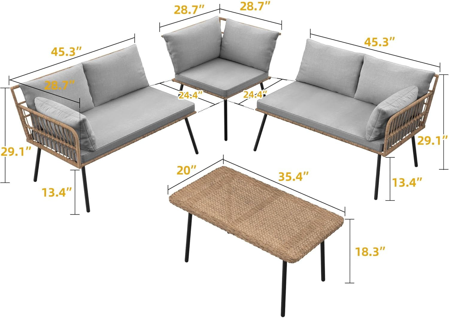 Patio Furniture Set 4 Piece Wicker Outdoor Grey Sectional-3