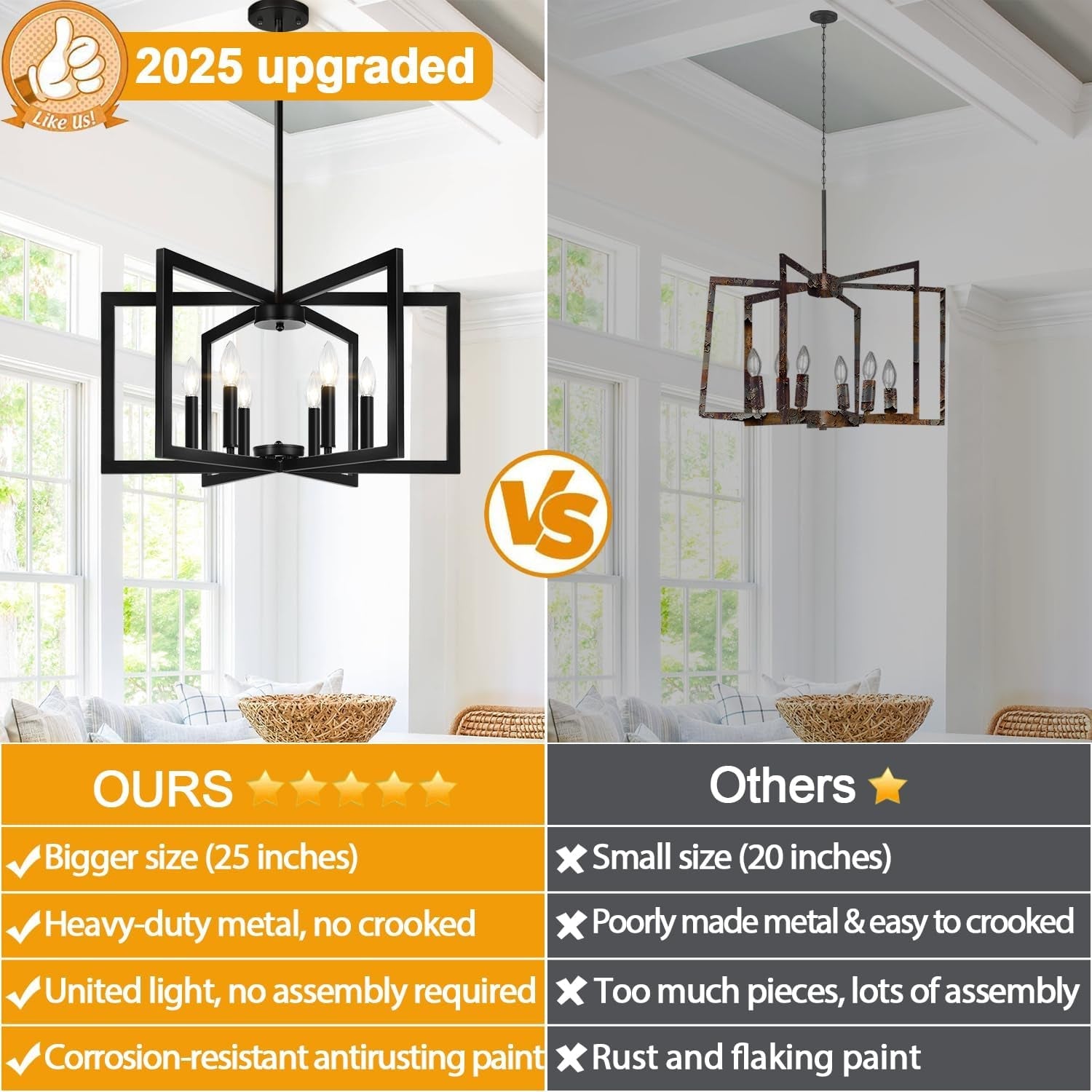 Black 6 Light Chandelier 25 Inch Geometric Square Frame-1
