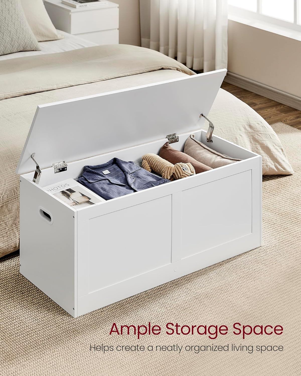 Cloud White Oversized Entryway Storage Bench Hinges-3