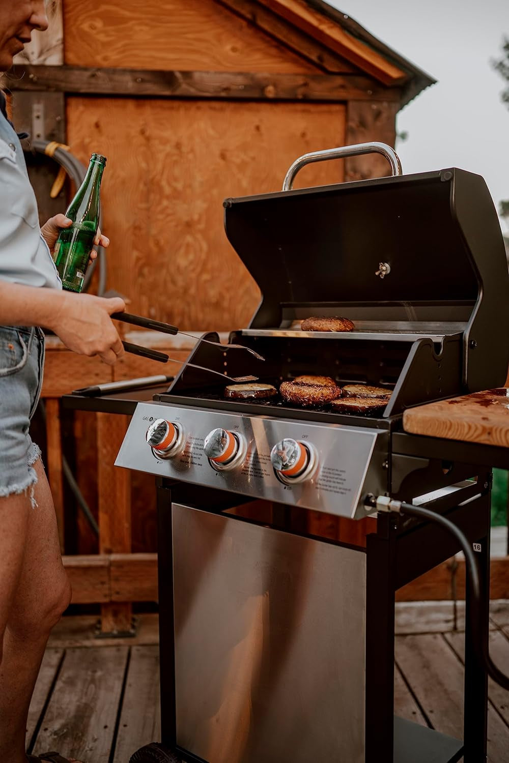Stainless Gas Grill 3-Burner, Cabinet, Wheels, Outdoor BBQ-3