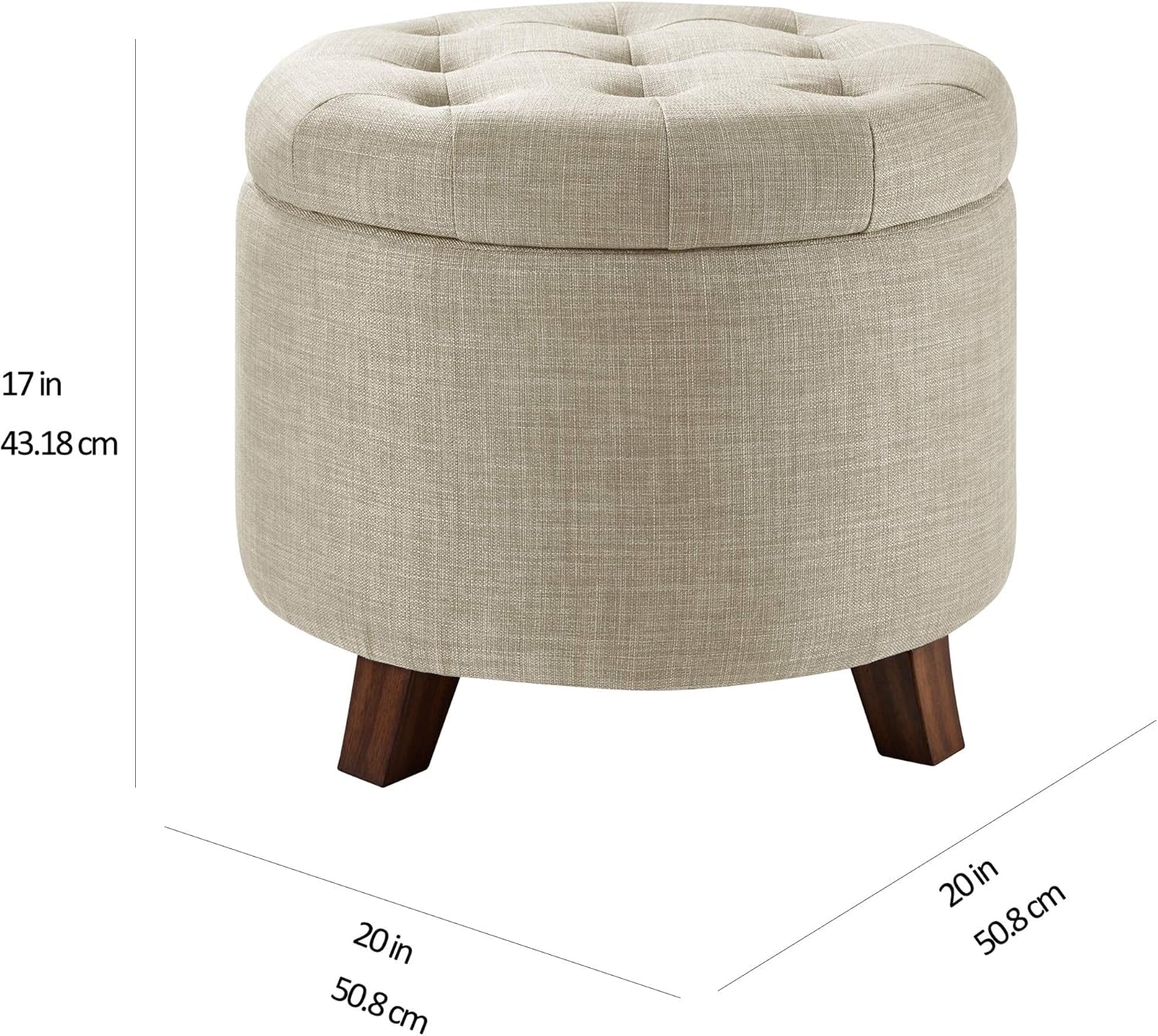 Beige Linen Round Storage Ottoman Featuring Tufting-2