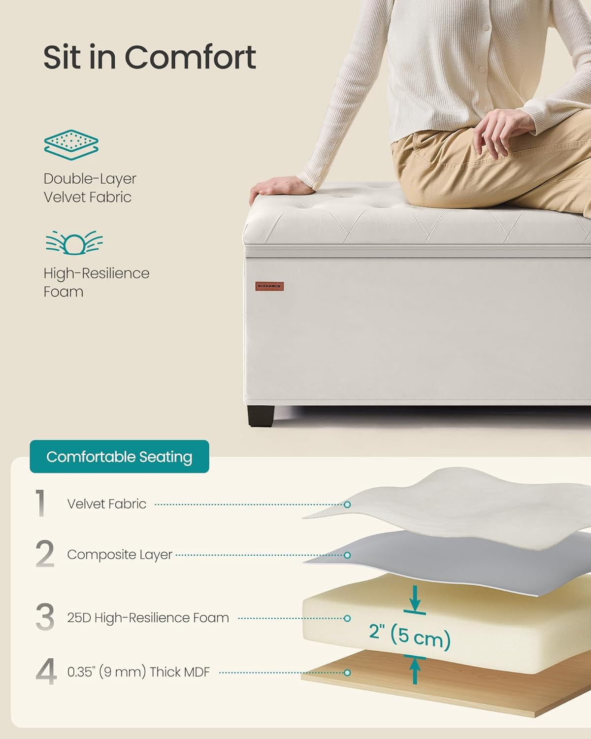 Cream Velvet Textured Storage Ottoman Bench 43Inch-4