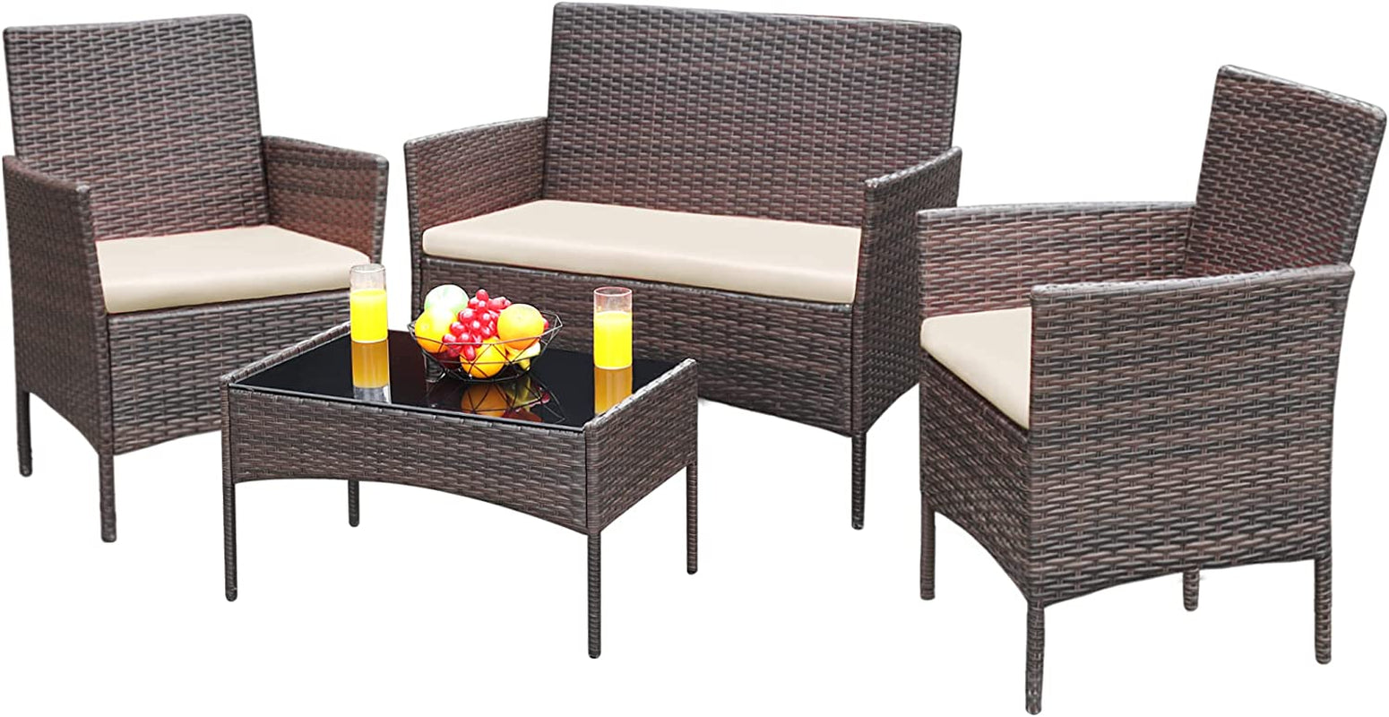 4 Piece Wicker Patio Set With Glass Table Beige Cushions-1