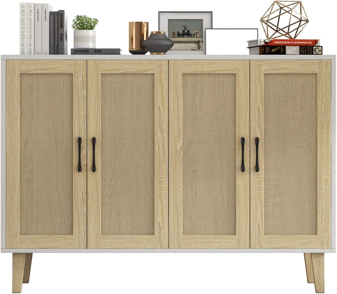 Buffet Storage Cabinet with Rattan Decorating 4 Doors Living Room Kitchen Sideboard 48.43 X 34.65 X 15 Inch (White)-3