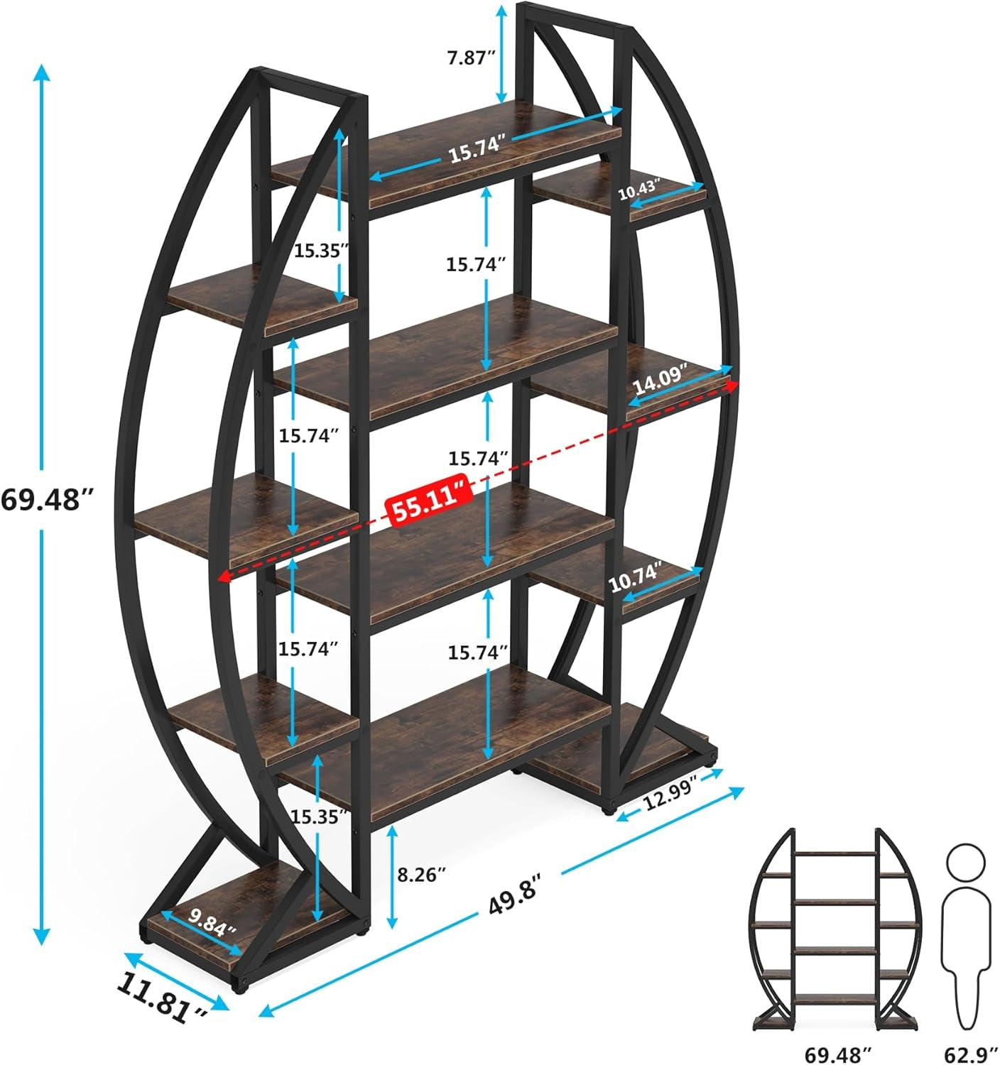 Oval 55 Inch Brown IndustrialDisplay Etagere Bookcase-1