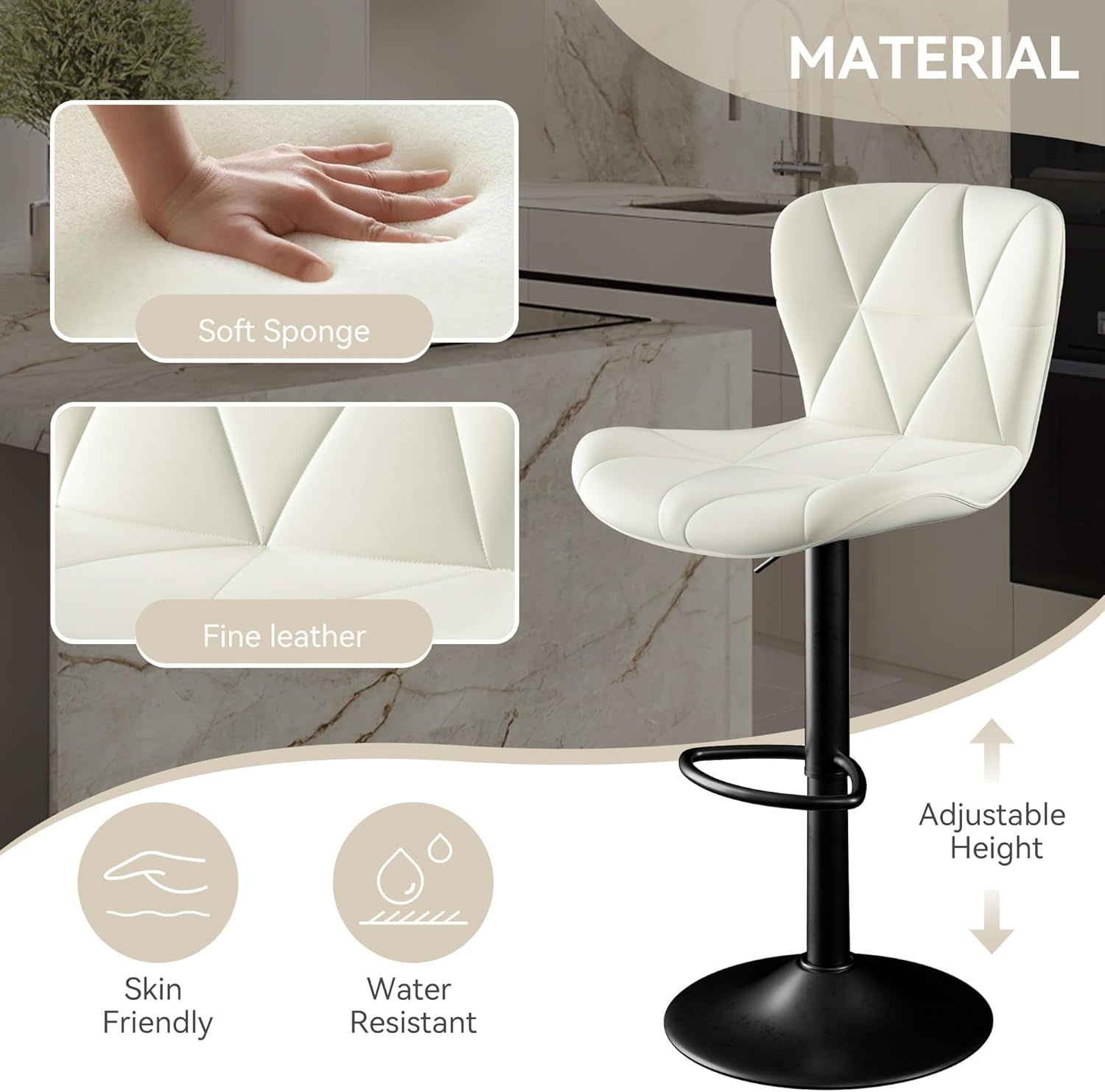 Adjustable Swivel Bar Stools Set Of 2 White Faux Leather-2
