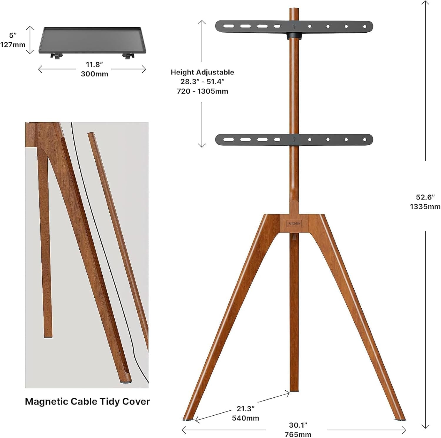 Premium Wood Easel TV Stand, Adjustable TV Tripod Stand for 45-65 Inch LED LCD Screen, Swivel TV Floor Stand with Top TV Shelf and Magnetic Concealed Cable Management, Max Load 88Lbs, Walnut-4