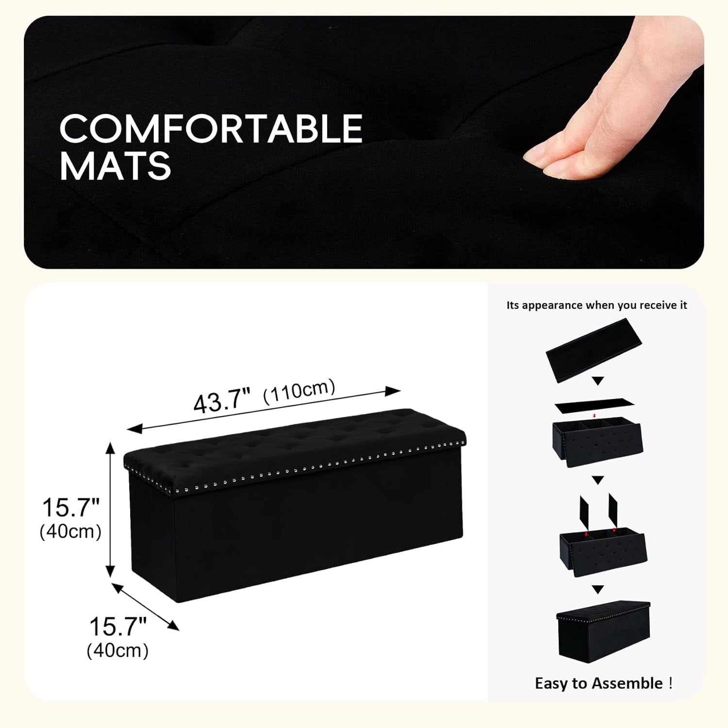 Black Premium Velvet Storage Ottoman Bench Bedroom-2