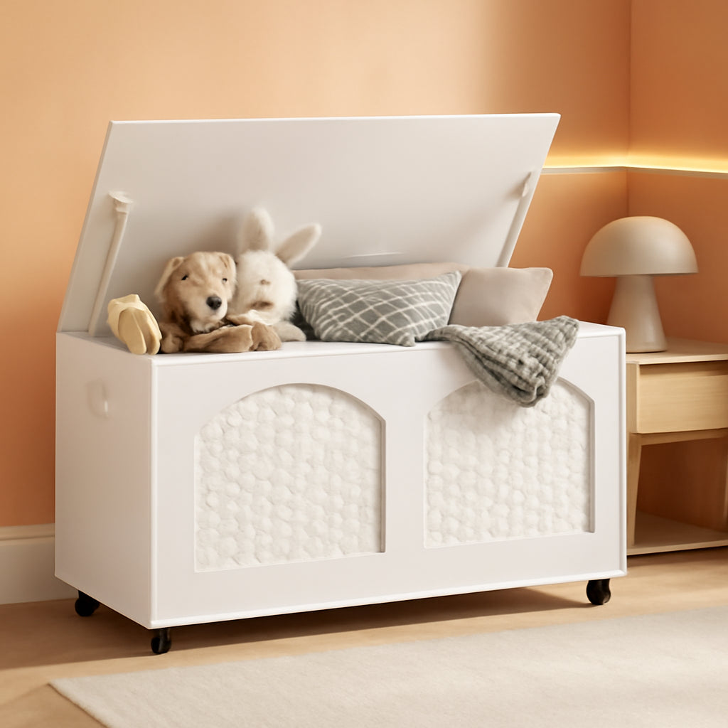 White Wooden Storage Bench On Wheels-0
