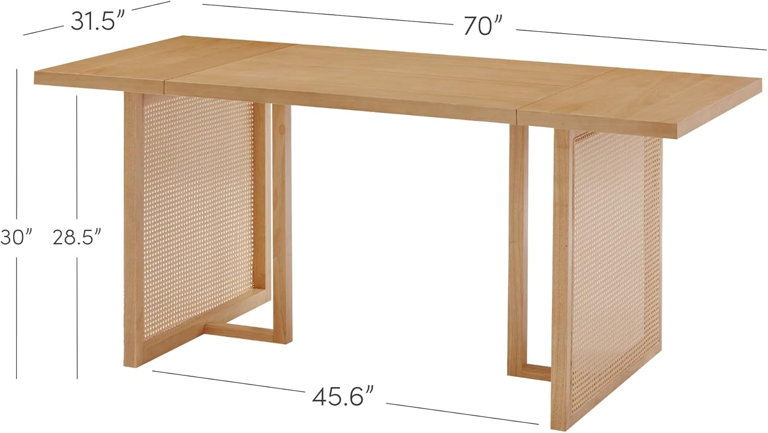 Willow Boho Dining Table for 6 with Solid Wood Legs, 6-Person Natural Wood Dining Table, Warm Pine or Brown Dining Table with Bohemian Rattan Accent-1