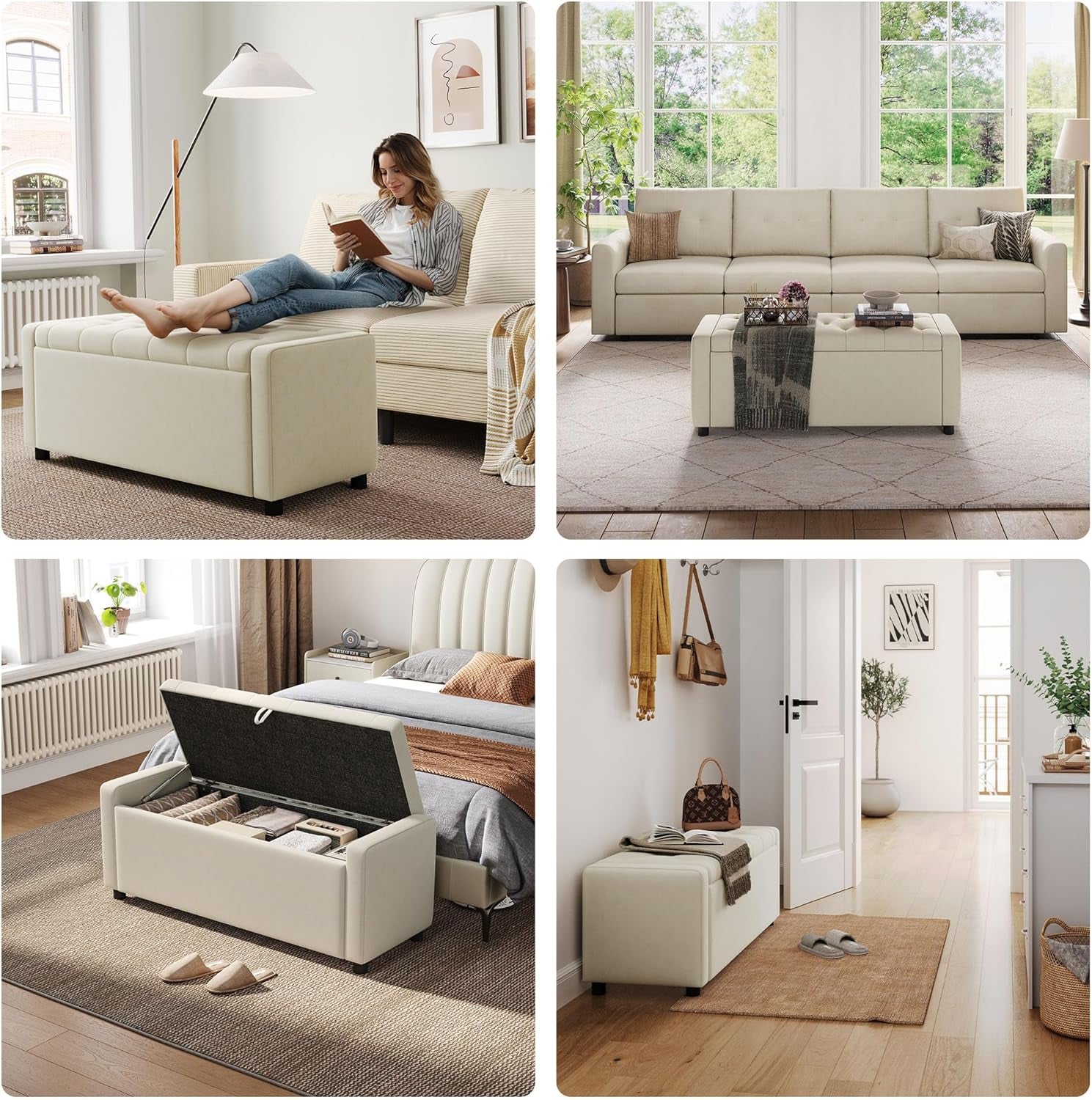 Fifty Inch Upholstered Storage Ottoman Bench Beige-4
