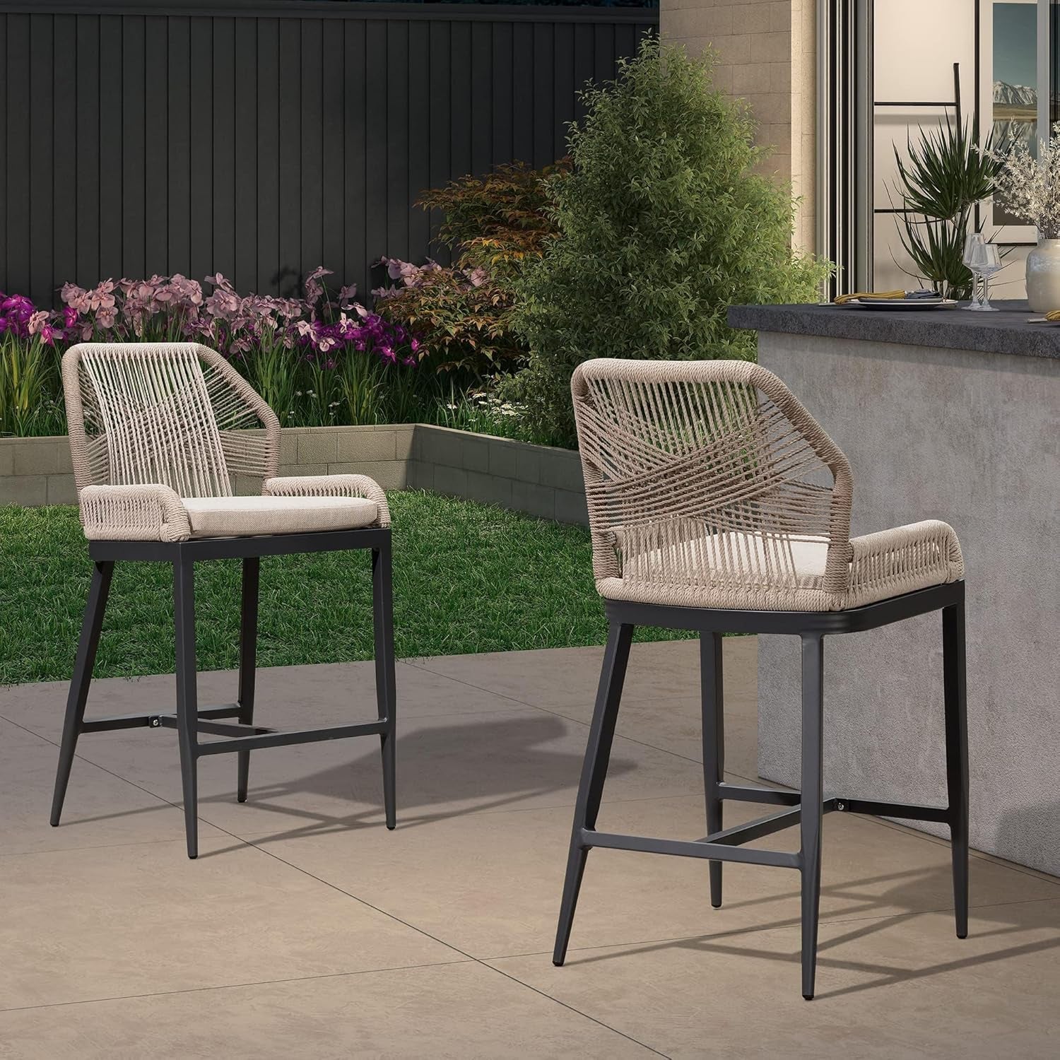 Counter Height Bar Stools Set of 4 Rattan Wicker Outdoor Metal Boho Barstools with Back and Footrest Patio Garden Balcony Pool Bar Chairs-3