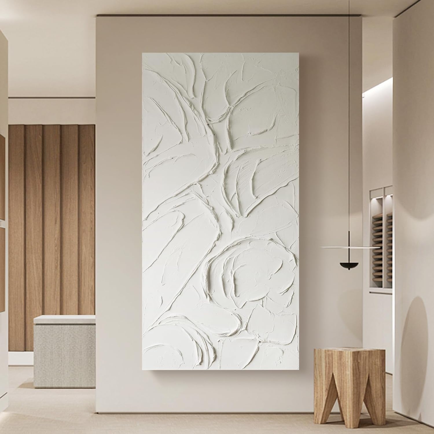Abstract White Textured Wall Art 58x29 Inches Handmade-1