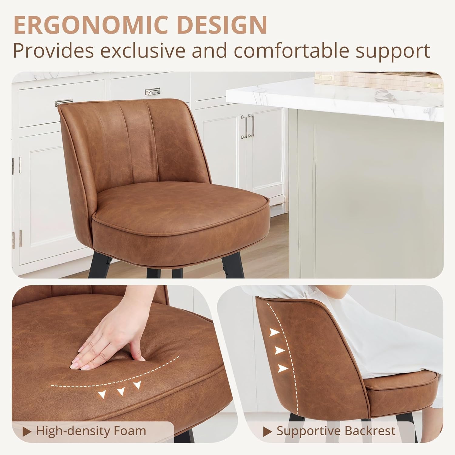 360-Degree Swivel Bar Stools Set of 3, 26" Counter Height Bar Stools with High Back and Wood Legs, Morden Faux Leather Upholstered Barstools for Kitchen Counter-4