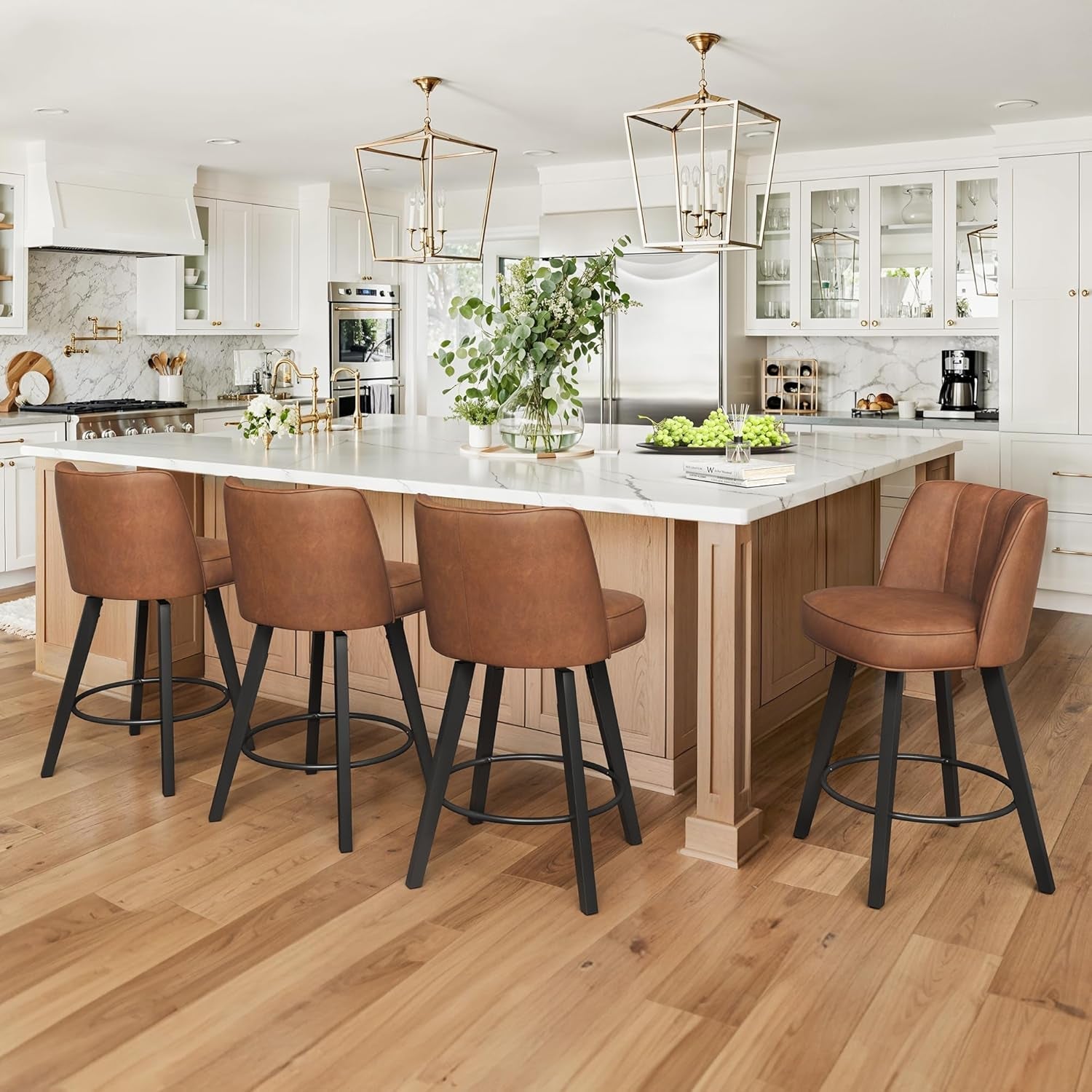 360-Degree Swivel Bar Stools Set of 3, 26" Counter Height Bar Stools with High Back and Wood Legs, Morden Faux Leather Upholstered Barstools for Kitchen Counter-0