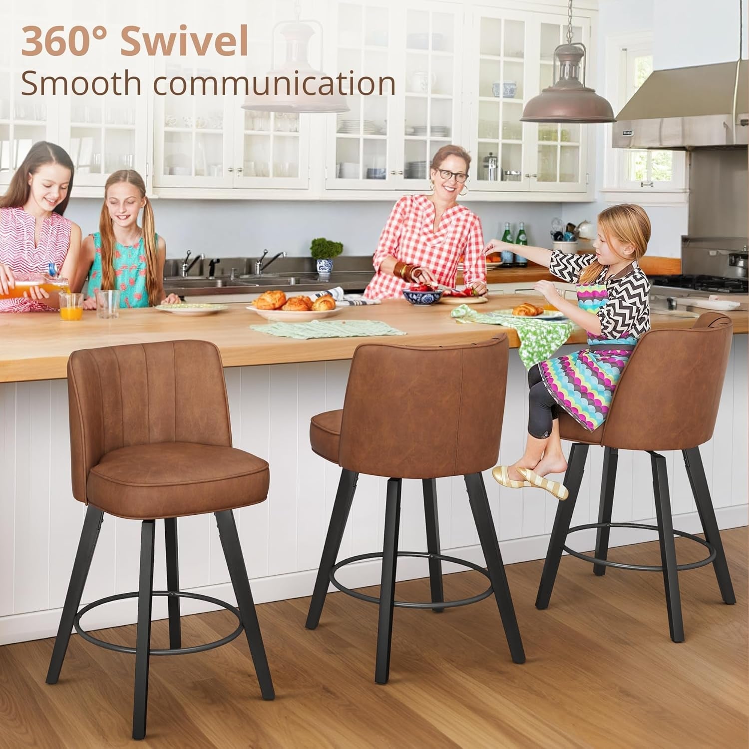 360-Degree Swivel Bar Stools Set of 3, 26" Counter Height Bar Stools with High Back and Wood Legs, Morden Faux Leather Upholstered Barstools for Kitchen Counter-2