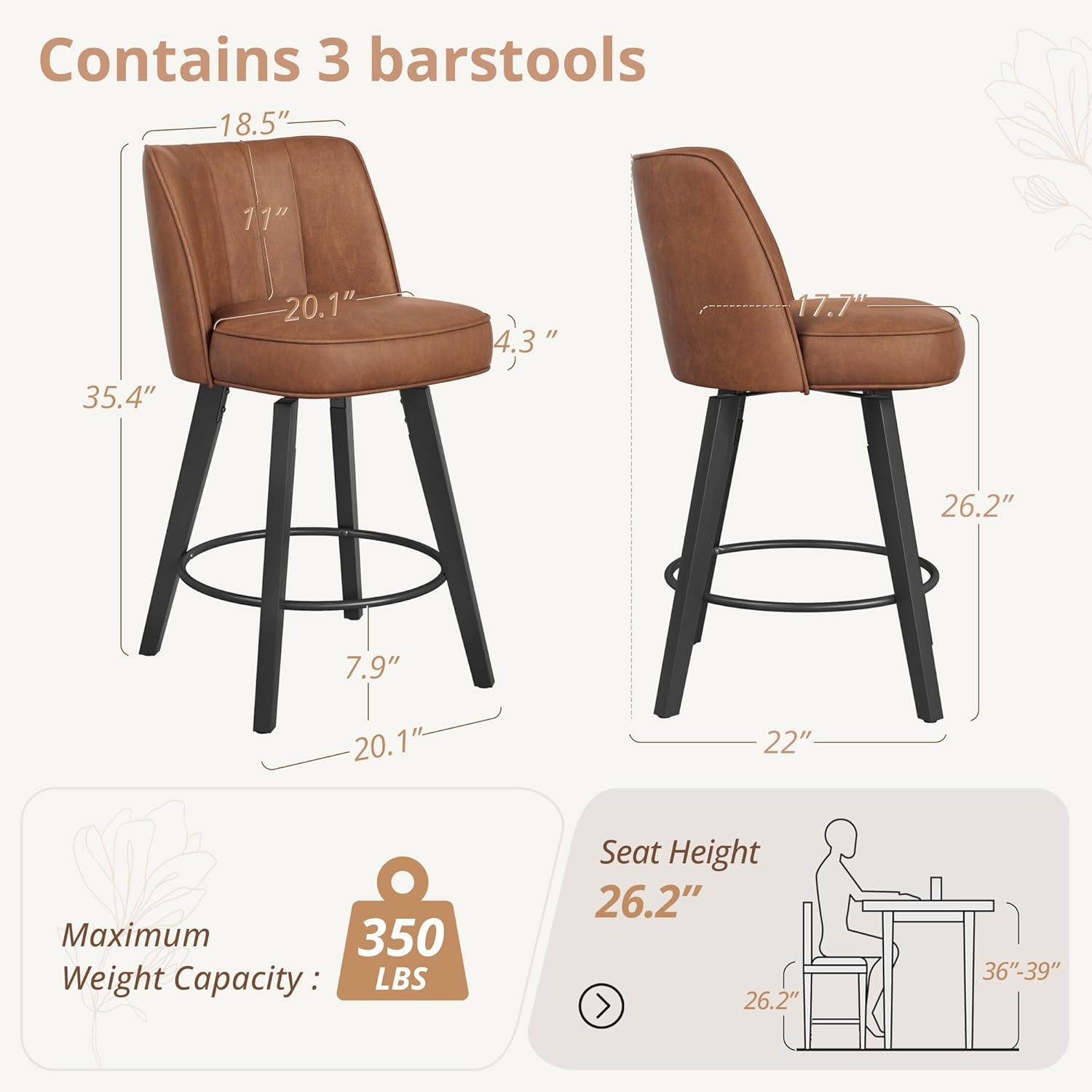 360-Degree Swivel Bar Stools Set of 3, 26" Counter Height Bar Stools with High Back and Wood Legs, Morden Faux Leather Upholstered Barstools for Kitchen Counter-1