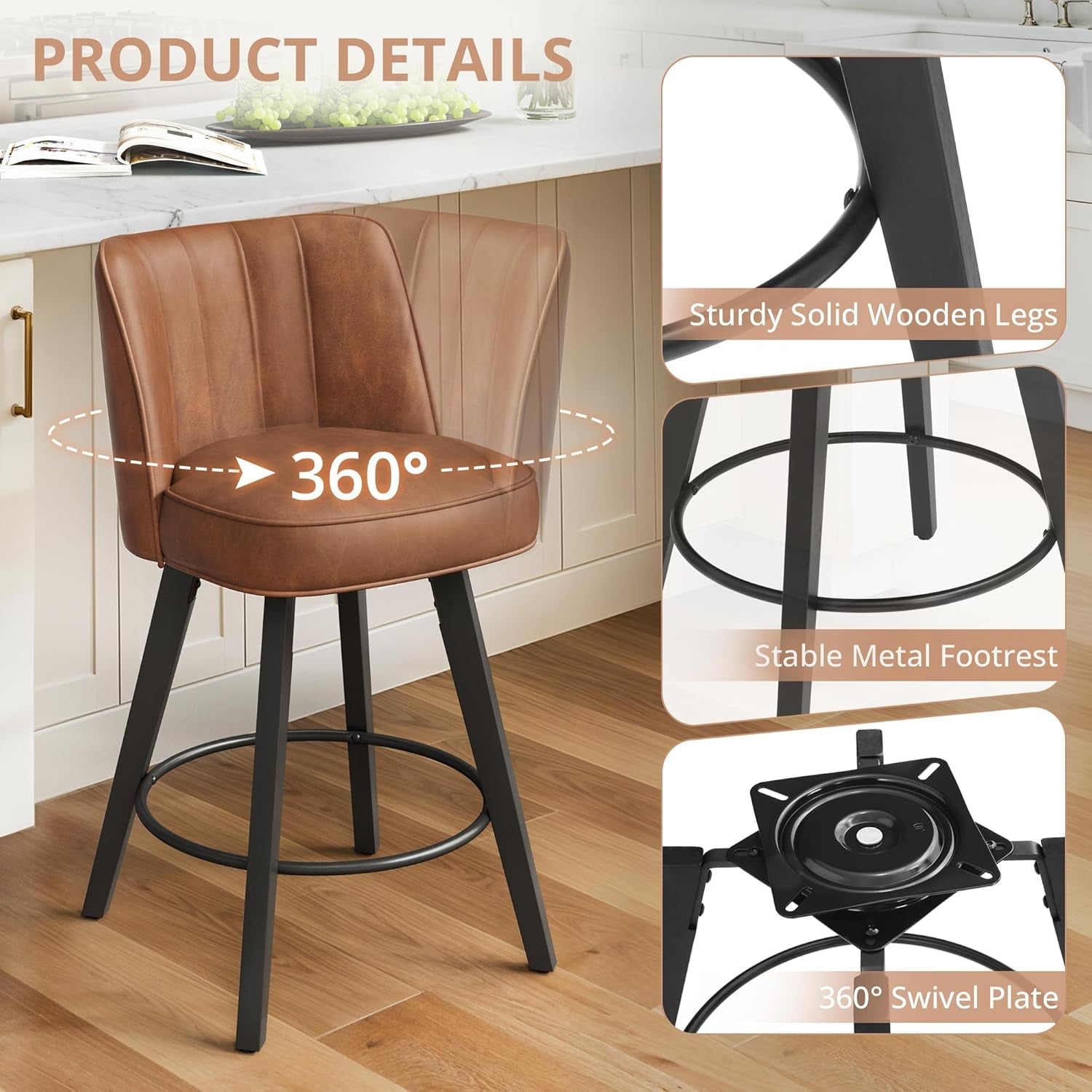 360-Degree Swivel Bar Stools Set of 3, 26" Counter Height Bar Stools with High Back and Wood Legs, Morden Faux Leather Upholstered Barstools for Kitchen Counter-3