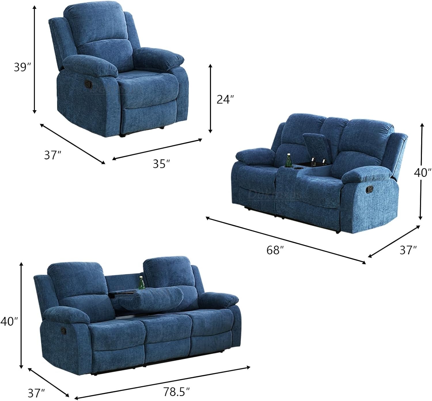 3 Seater Recliner Sofa Couch Modern Manual Reclining Sofa Fabric Reclining Sofa Living Room Couch with Dual Cup Holders and Drop down Table for Living Room/Office/Rv Car (Blue, 3 Seater Sofa)-1