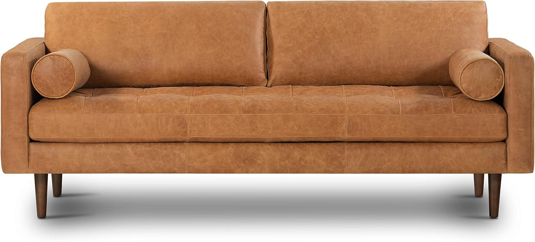 Cognac Tan Brown Leather Couch - 88.5" Mid Century Leather Sofa with 2 Bolsters - Full Grain Camel Leather Couch - Feather-Down Topper on Seating Surface - Pure-Aniline Italian Leather-2