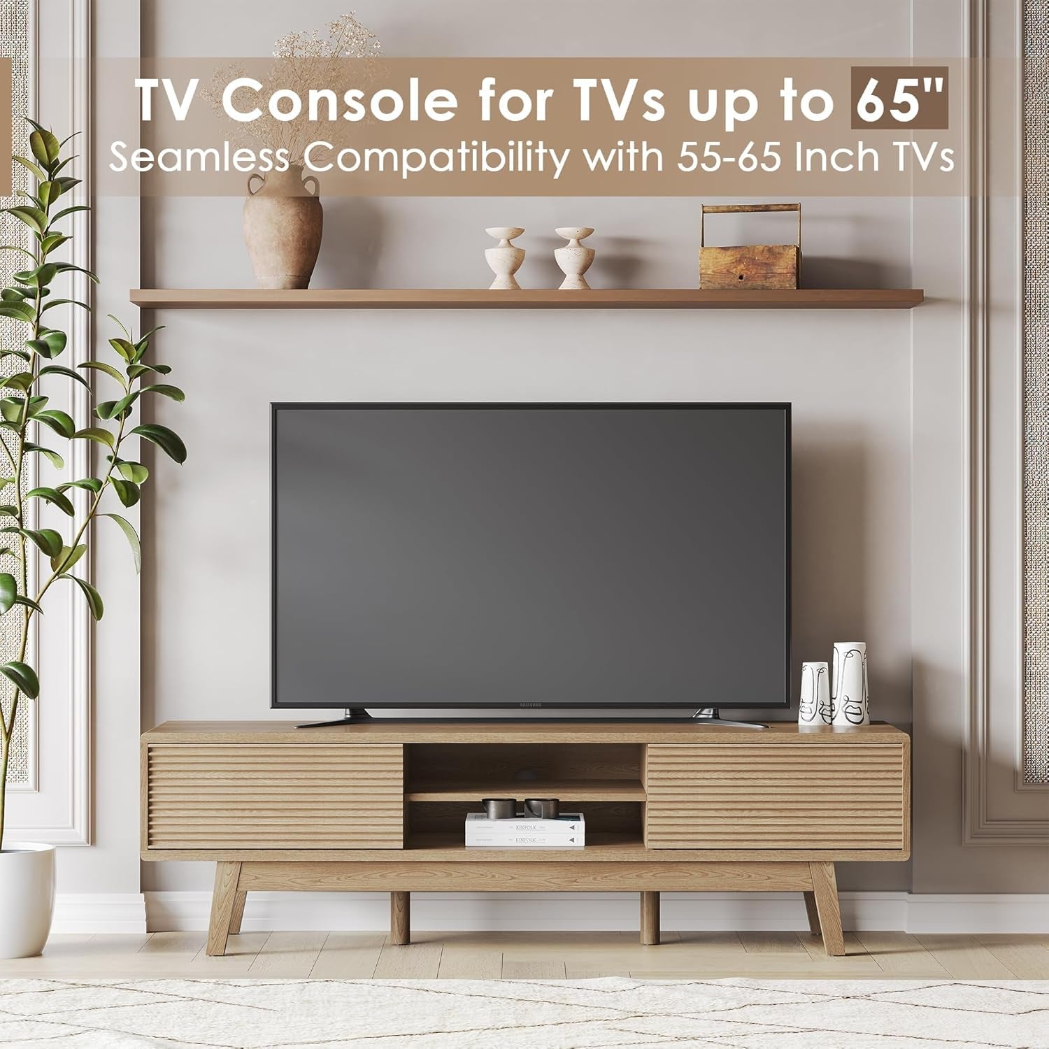 59" TV Console, Mid Century Modern Media Console for 55/60/65 Inch TV, Low Profile TV Stand with Fluted Sliding Doors, Boho Light Wood Credenza for Living Room, Light Oak-2