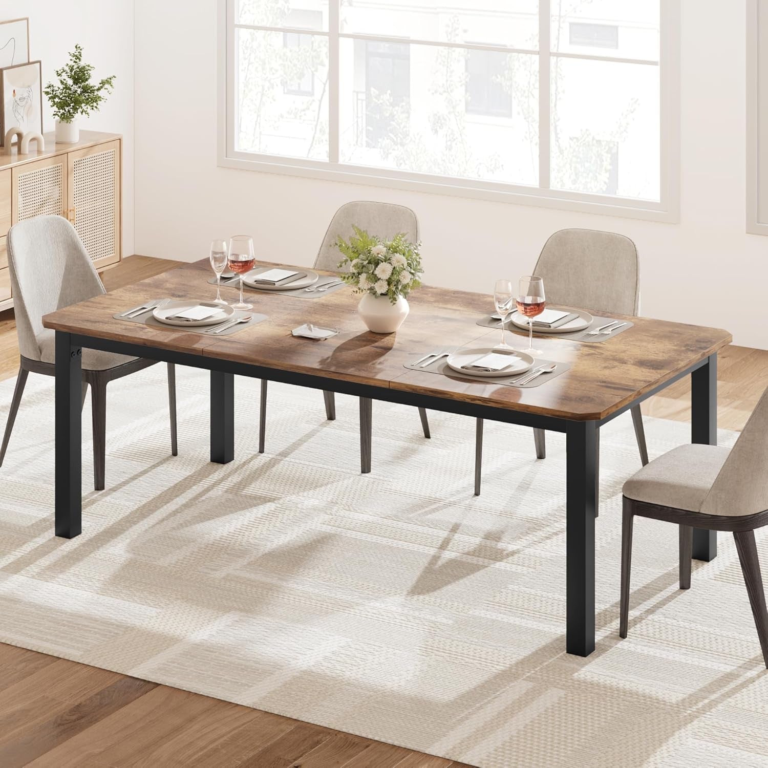 Industrial Dining Table for 6~8 People,78.7" Long Kitchen Table, Wood Dining Table, Kitchen & Dining Room Table,Rectangle Dining Room Table for 6 Perfect for Dinner or Meeting-Brown(Table Only)-3