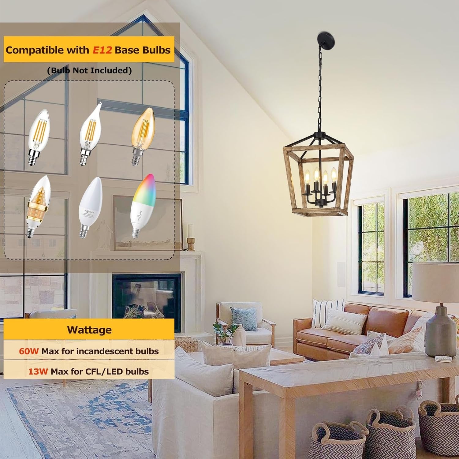 4 Light Farmhouse Chandelier With Rustic Wood Cage Light-2