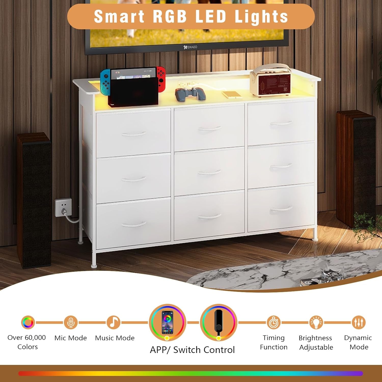 White Dresser With Integrated LED Lighting Charging-3