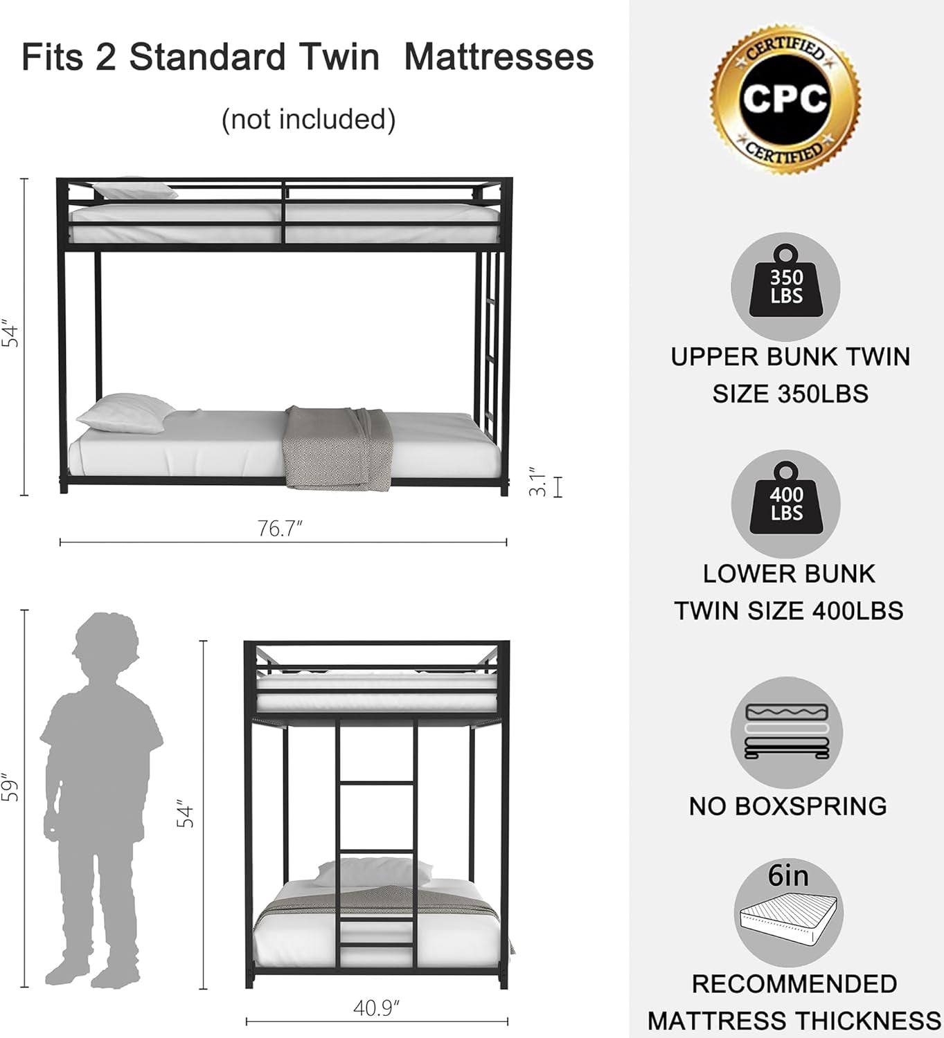Twin Bunk Bed with Stable Ladder, Twin over Bed Frame with Full-Length Guardrail, Low Platform Bed Frame for Adults, Teens, Boys,Girls, No Box Spring Needed, Black-1
