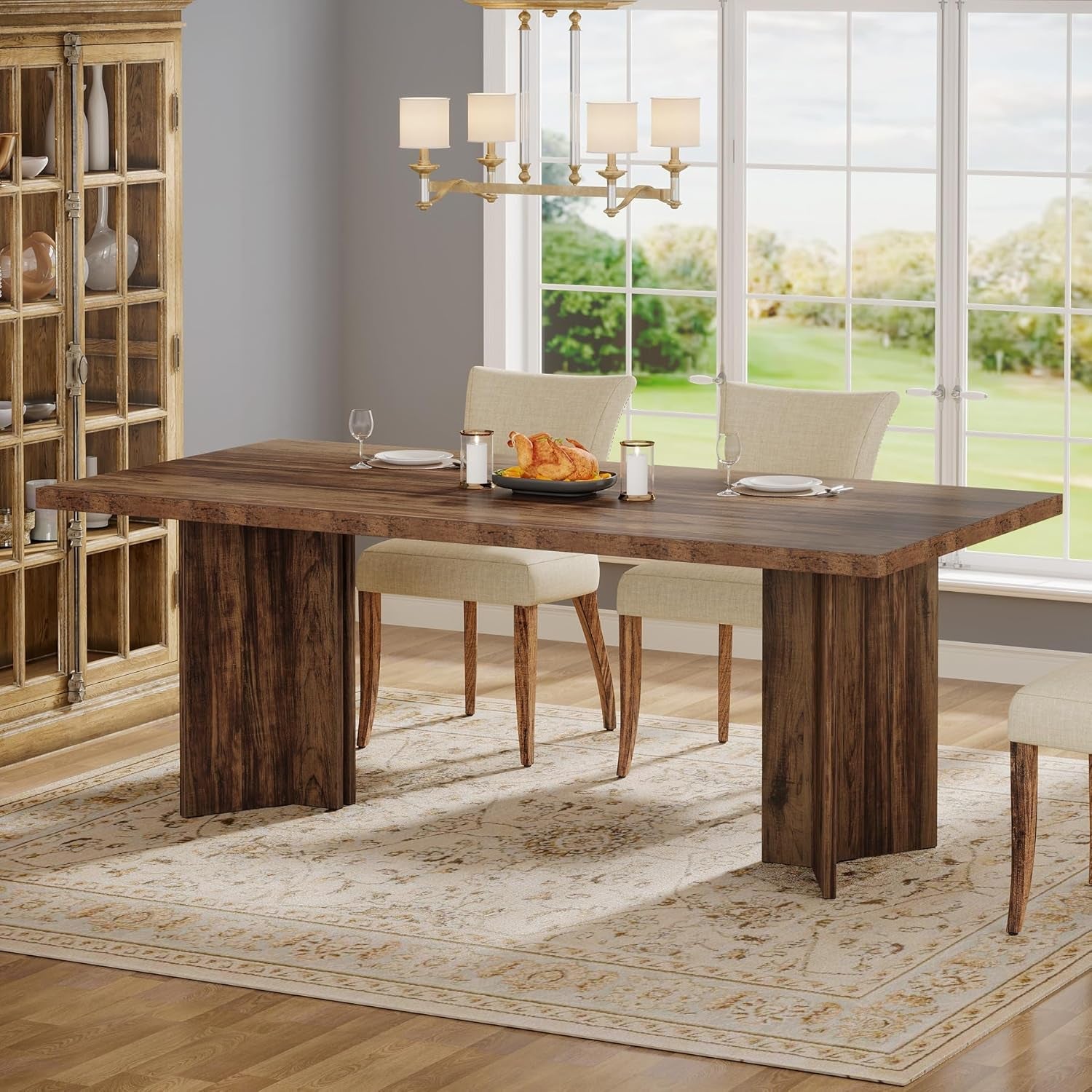 63In Farmhouse Dining Table Wooden Rectangle Vintage Brown-2