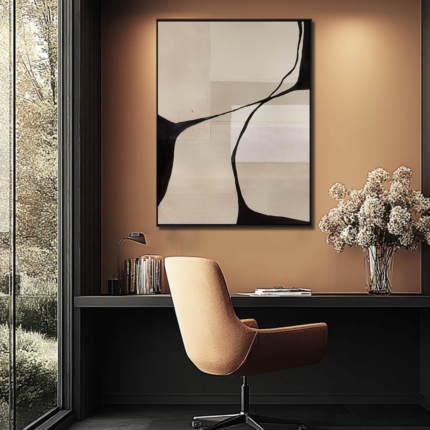 Hand Painted Abstract Black Beige Canvas Wall Art 36x48 Inch-2