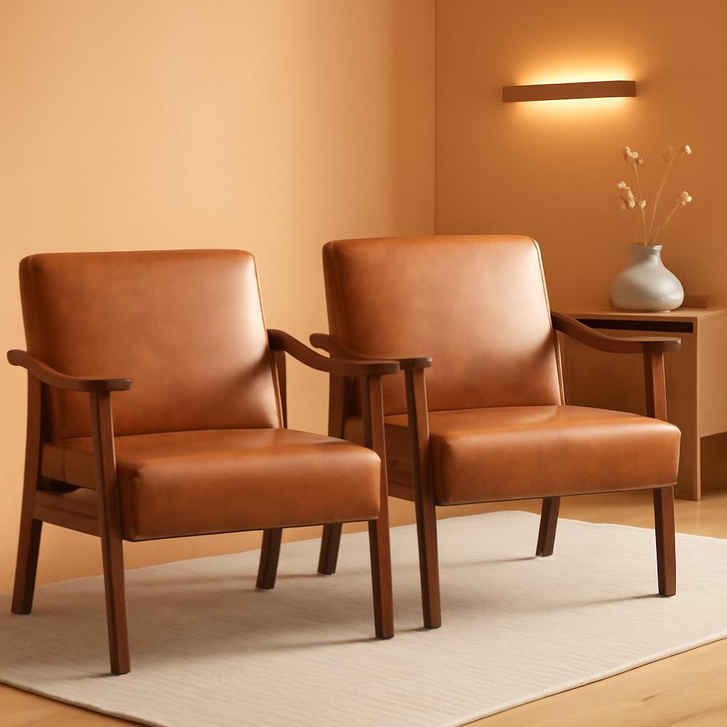 PU Leather Accent Chair Brown Set of 2 Mid Century Modern-0