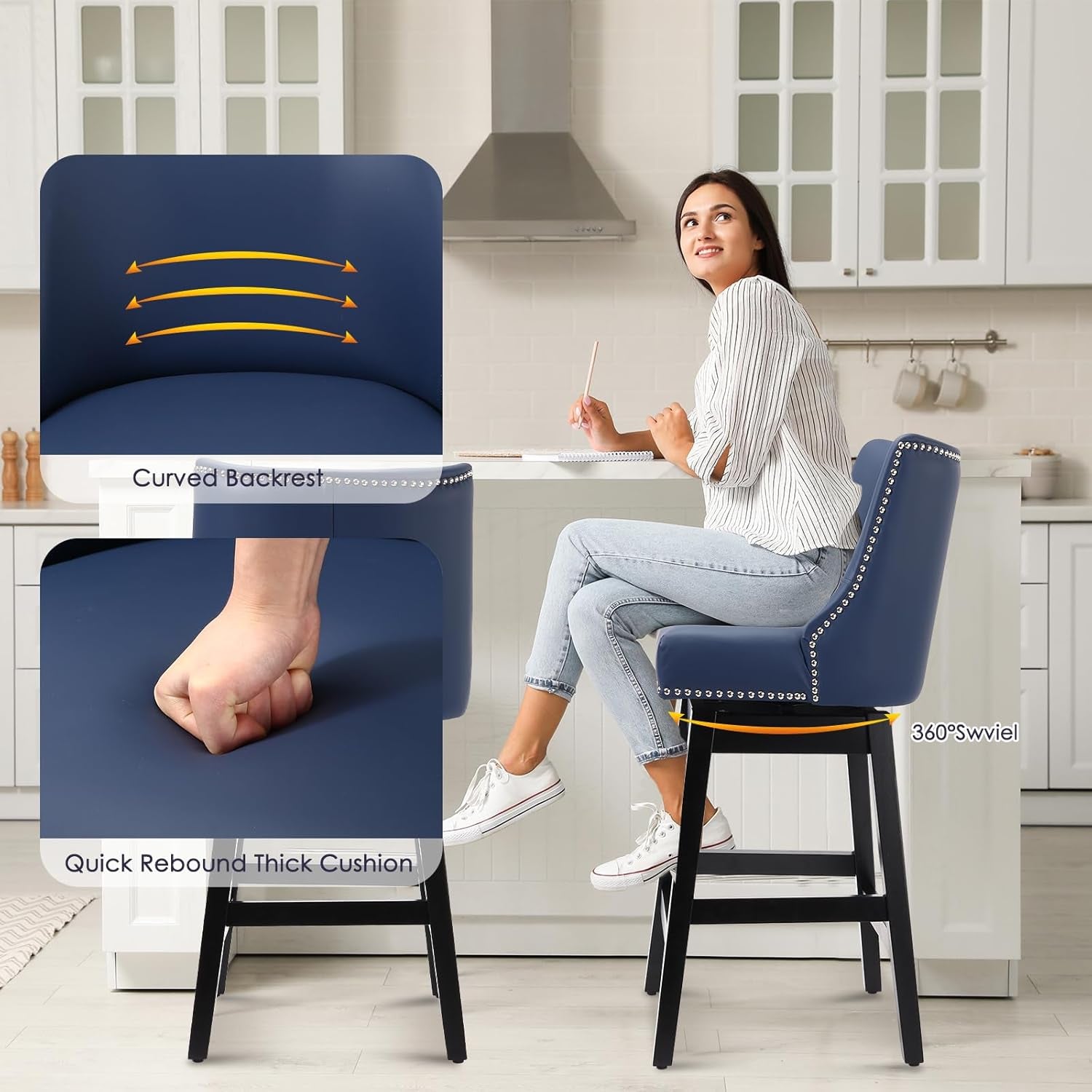 Swivel Bar Stools Set of 2 with Thicker Wood Legs,26" Counter Height Bar Stools,Faux Leather Upholstered Barstools with Backs,Bar Stool for Kitchen Counter,Island,300Lbs,Blue-3