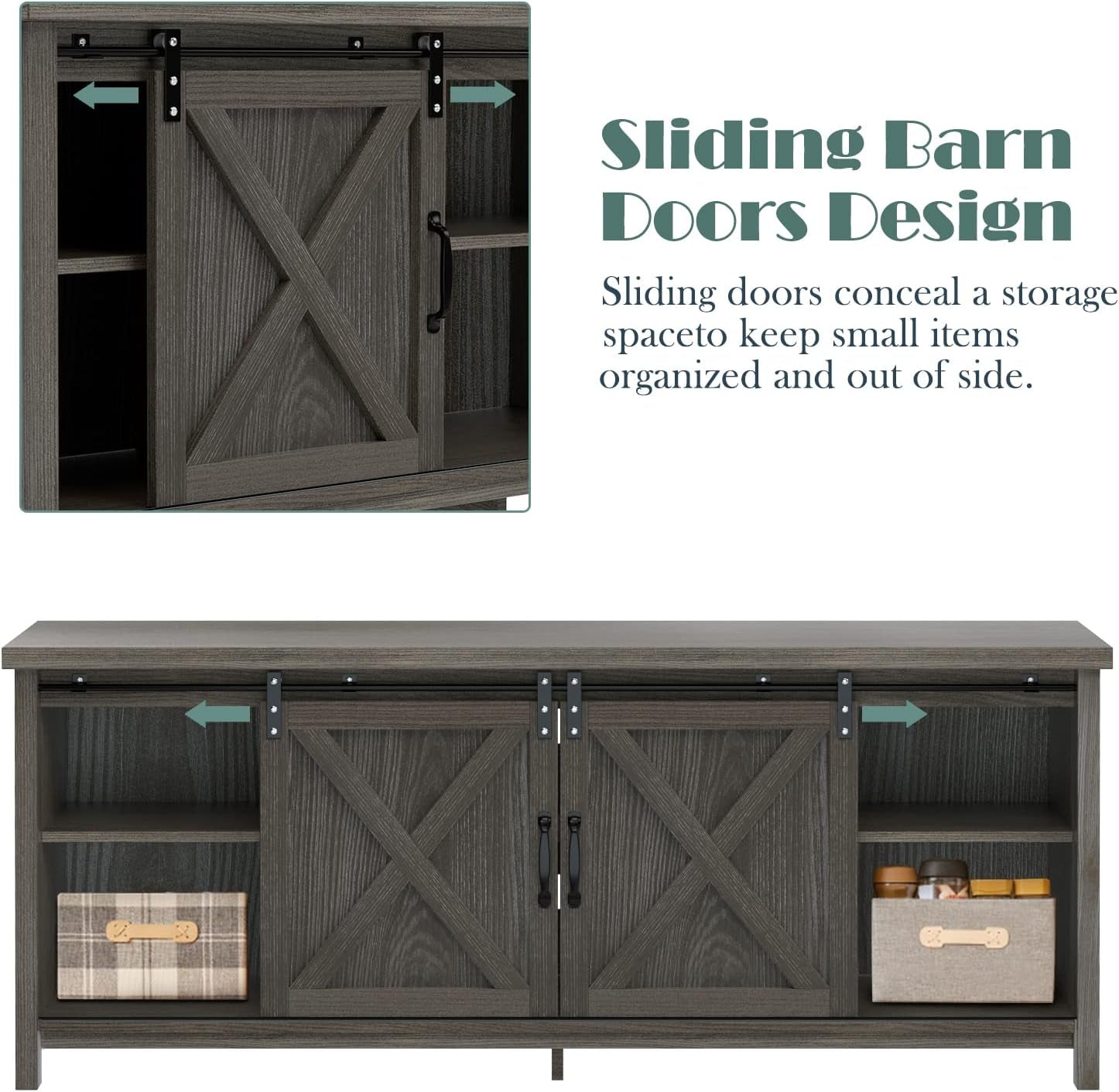 Modern Farmhouse TV Stand with Sliding Barn Doors, Media Entertainment Center Console Table for Tvs up to 65”,2-Tier Large Storage Cabinets,Rustic TV Stand for Living Room Bedroom,Dark Grey-4