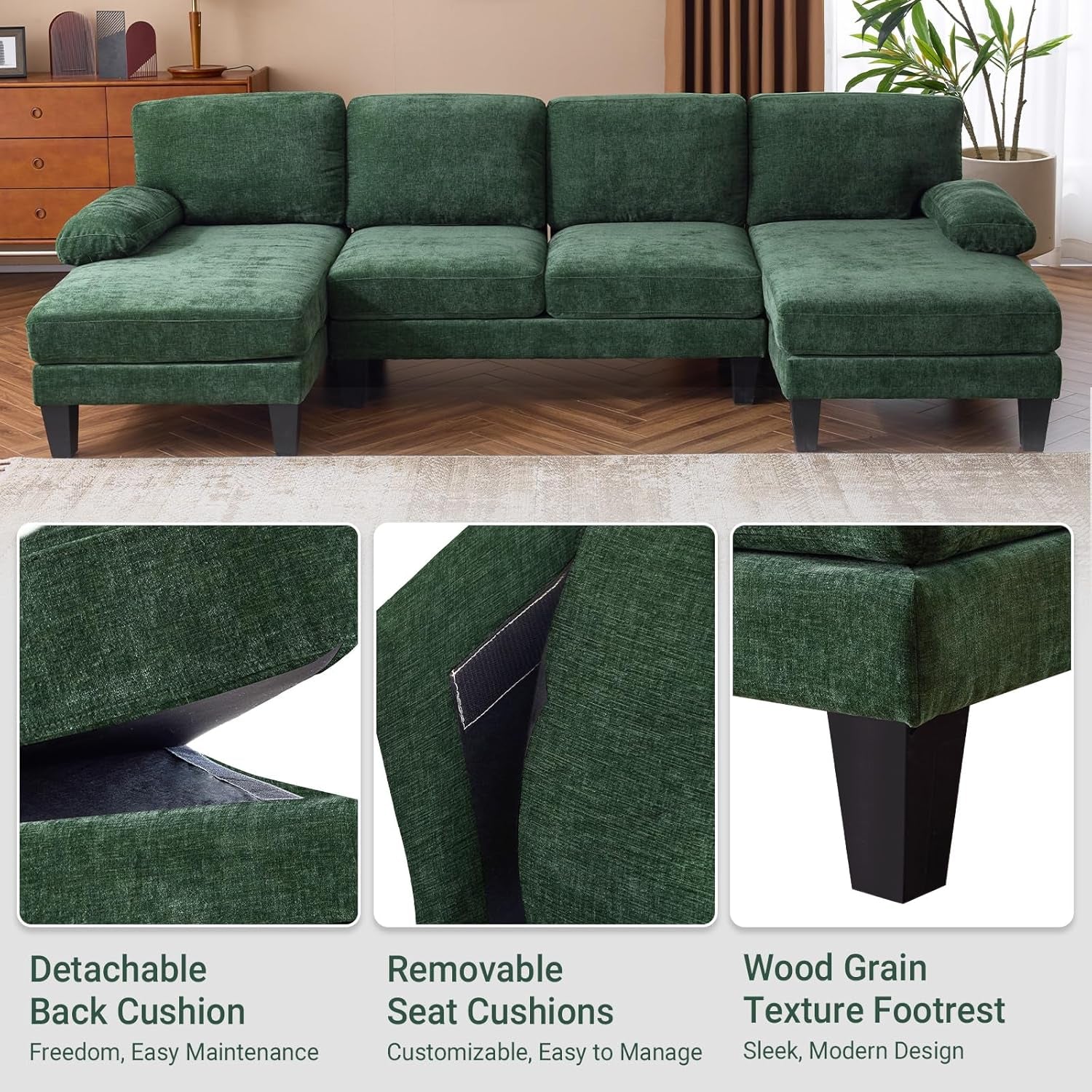 Forest Green 110 Inch U Shape Sectional Couch Double Chaise-3