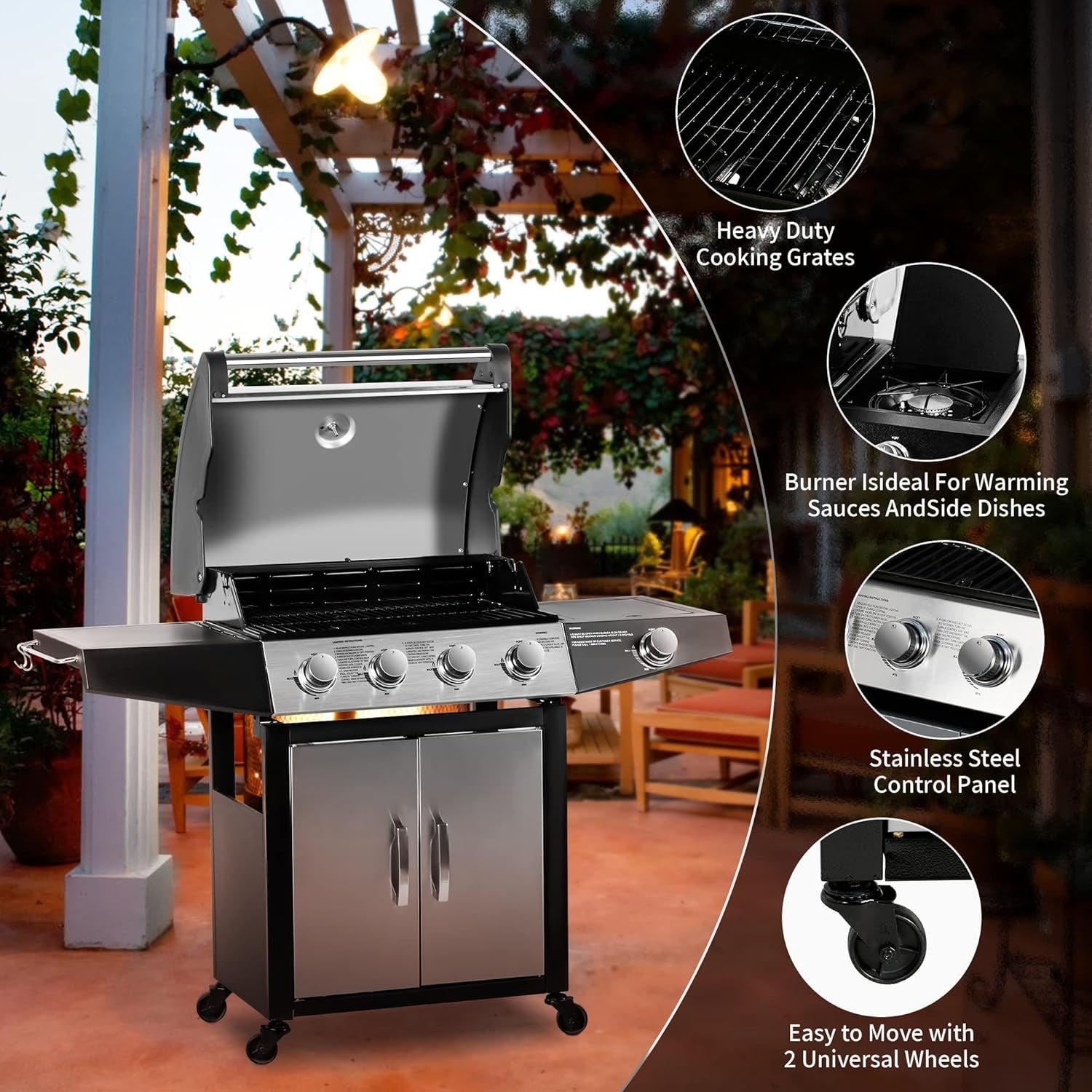 Four-Burner Propane Gas Grill With Stainless-Steel Side-Burner