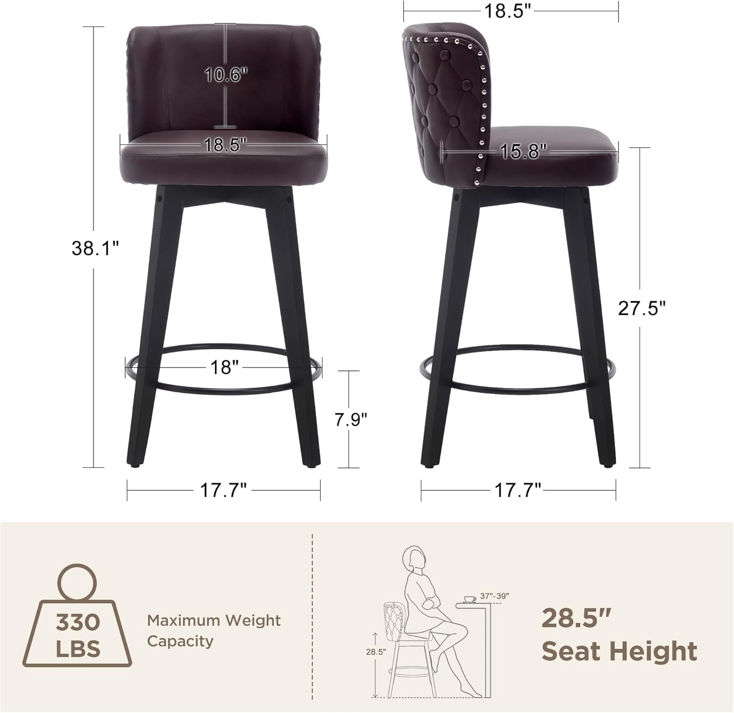 Swivel Bar Stool Set of 4, Faux Leather Low Back Counter Height Bar Stools, 27.5" Upholstered Tufted Counter Barstools with Wood Legs for Kitchen Island, Home Bar (Brown)