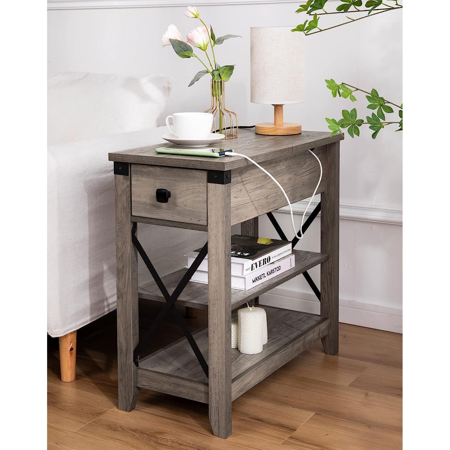 Farmhouse Slim Side Table with Charging Station-0