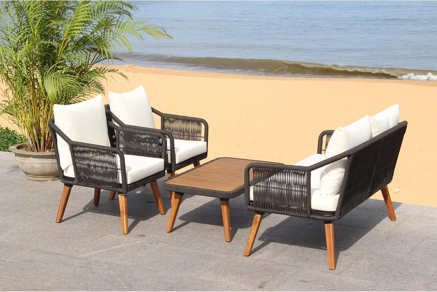 Outdoor Patio 4 Piece Eucalyptus Rope Furniture Set-0