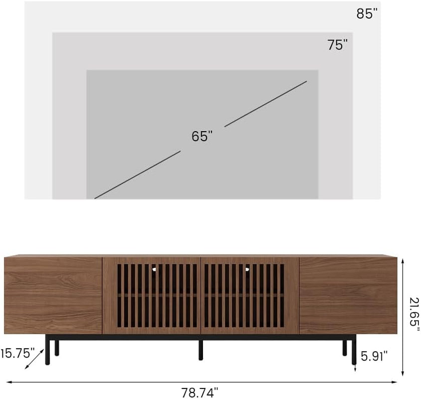 Modern Solid Wood TV Stand, Entertainment Center for 70 75+ Inch TV, Slatted Media Console TV Cabinet with Tall-Cast Metal Legs, Walnut Veneer, Fully-Assembled, 78"-3
