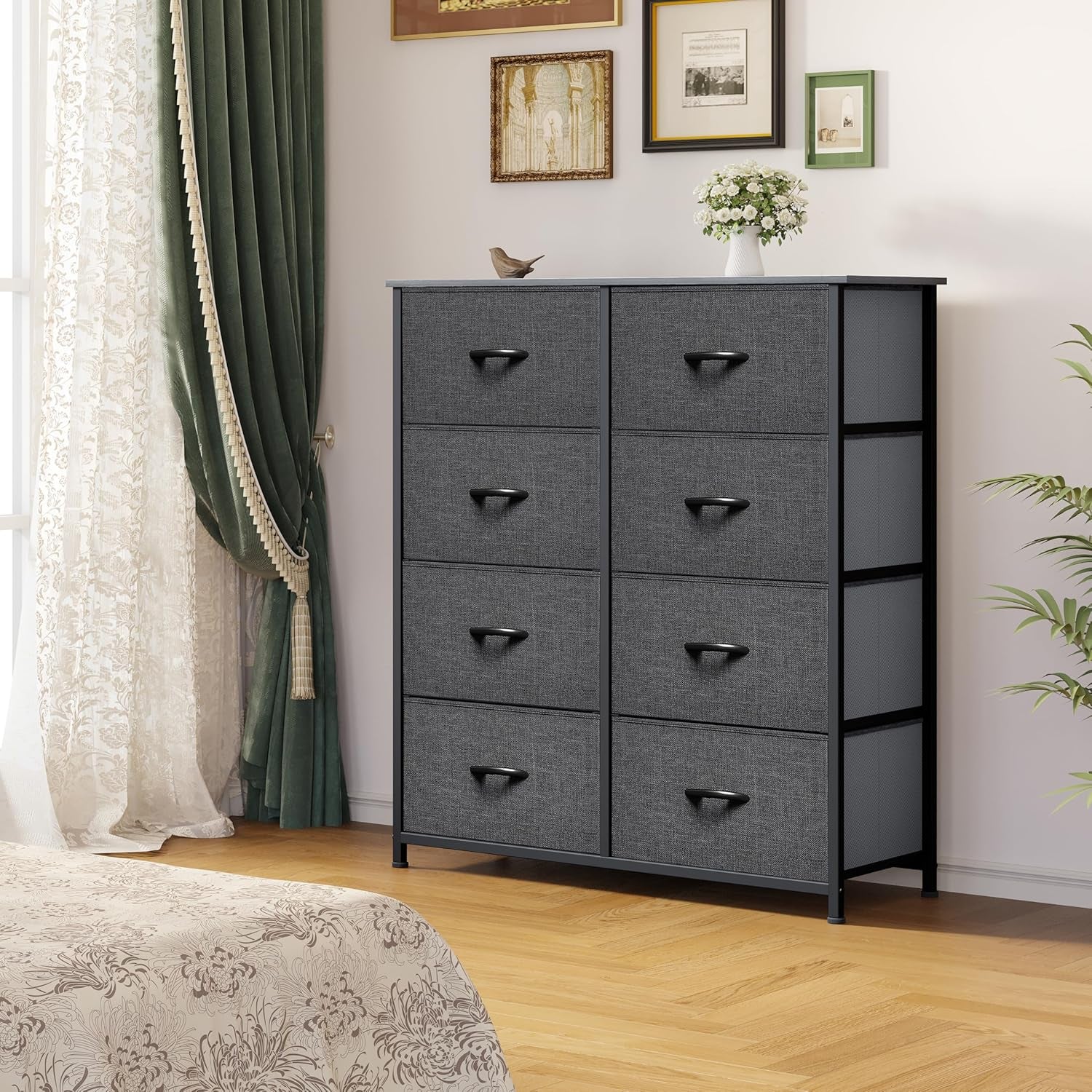 Tall Dresser With 8 Drawers And Fabric Bins For Bedroom-1