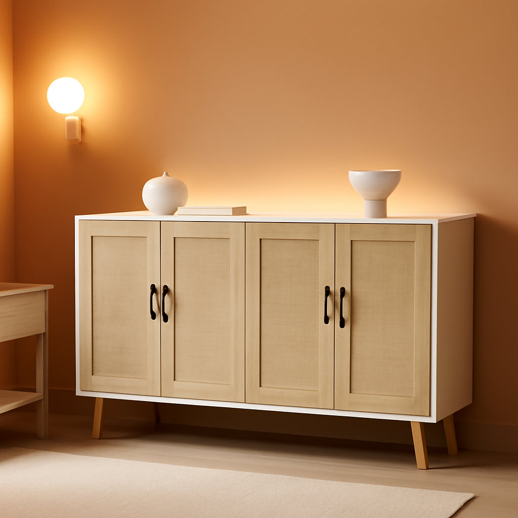 Buffet Storage Cabinet with Rattan Decorating 4 Doors Living Room Kitchen Sideboard 48.43 X 34.65 X 15 Inch (White)-0