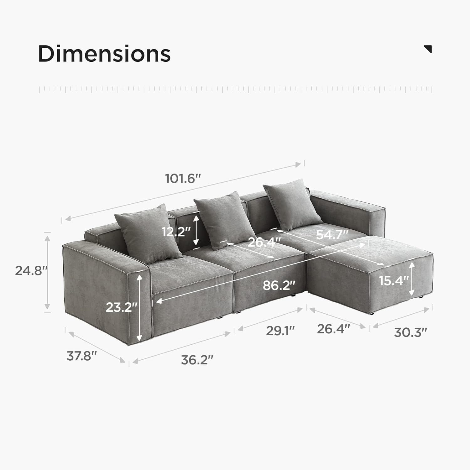 Luxury Modular Sectional Living Room Sofa Set, Modern Minimalist Style Couch with Ottoman and Chaise, L-Shape, Grey-1