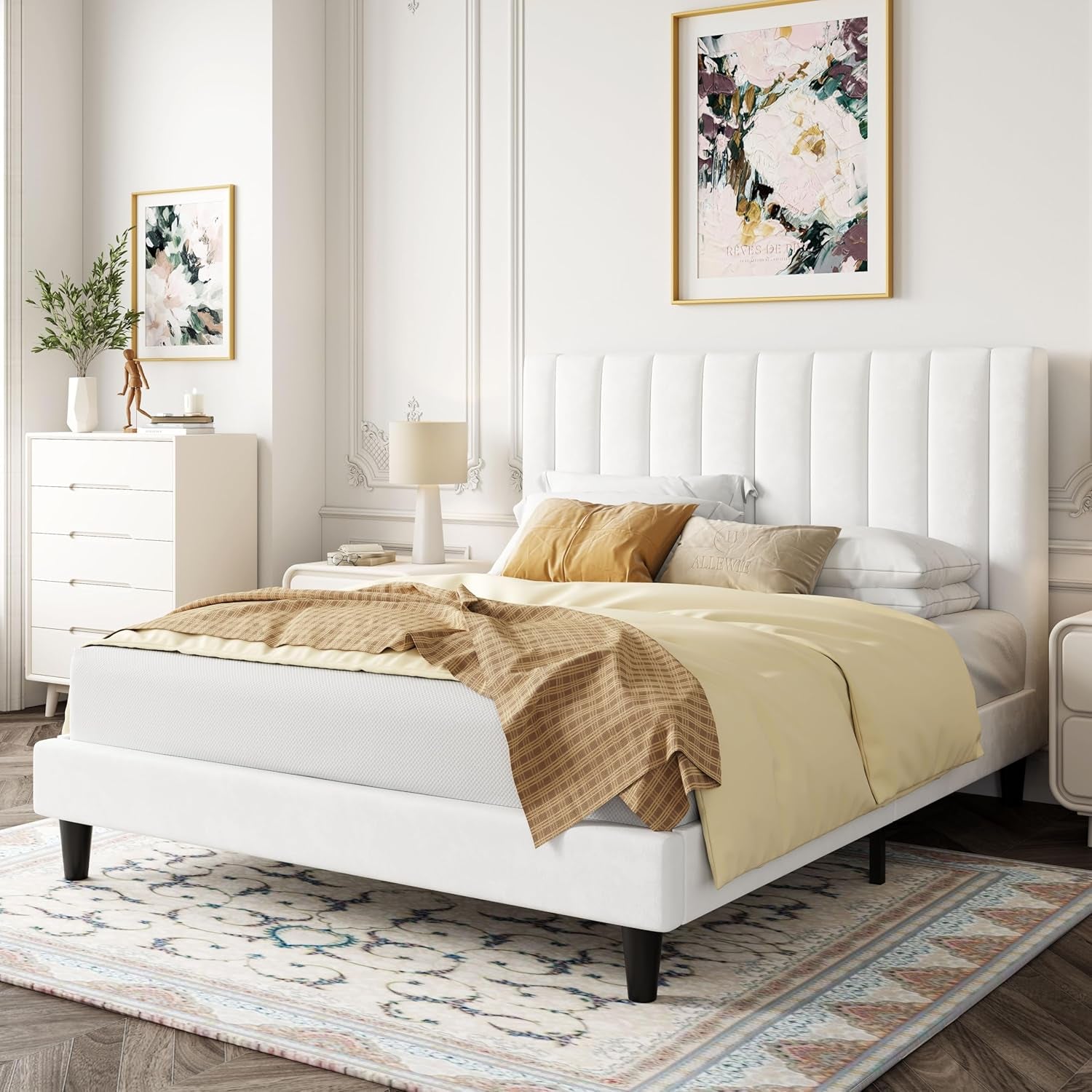 Queen Velvet Upholstered Bed Frame With Tufted Headboard-2