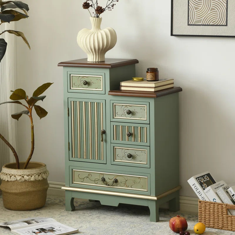Farmhouse Sage Green Cabinet With Five Drawers Door-2