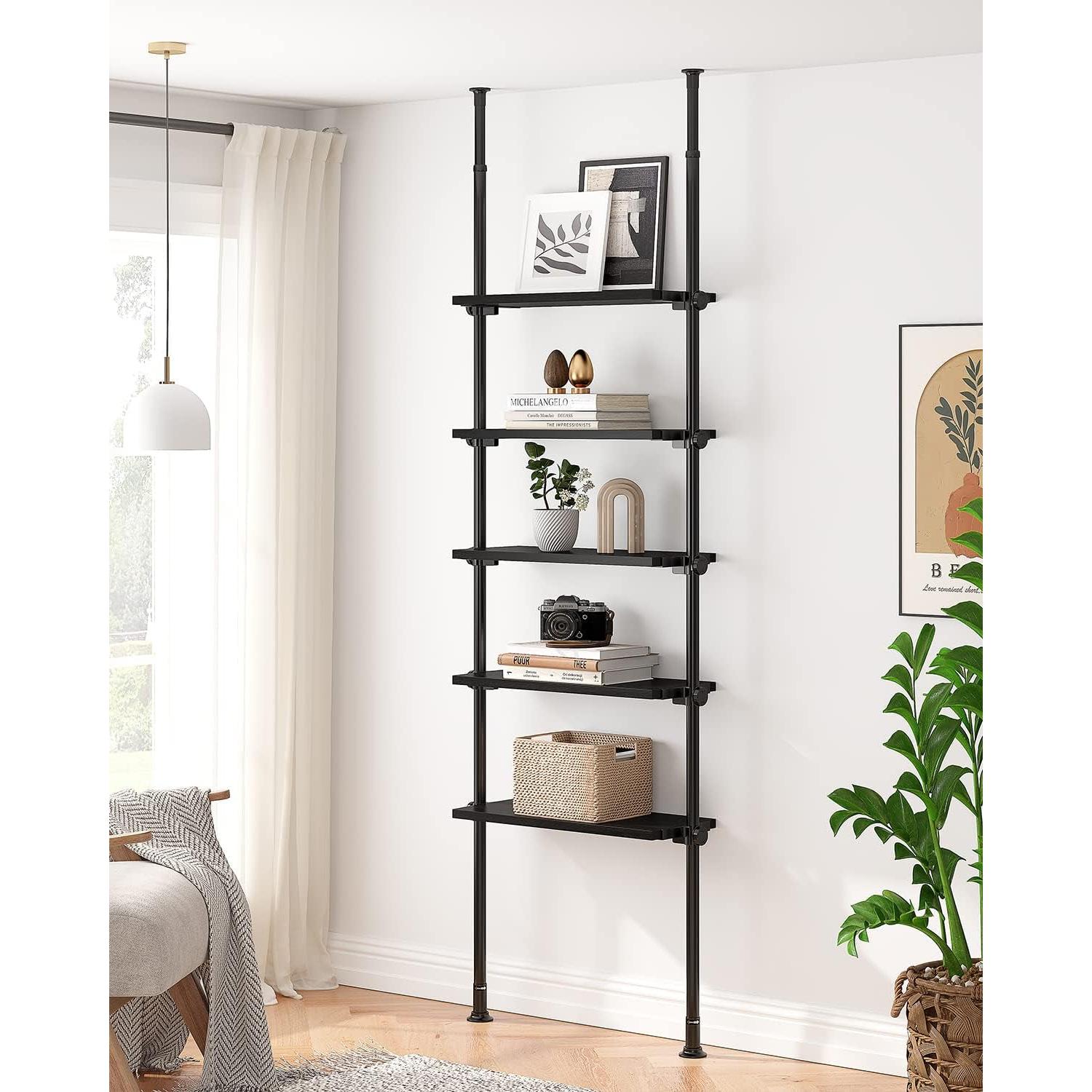 5 Tiers Narrow Bookshelf, Tall Adjustable Ladder Book Shelf with Open Storage, Floor to Ceiling Tension Mount, Wooden Industrial Bookcase for Living Room, 92 to 116 Inch, Black-0