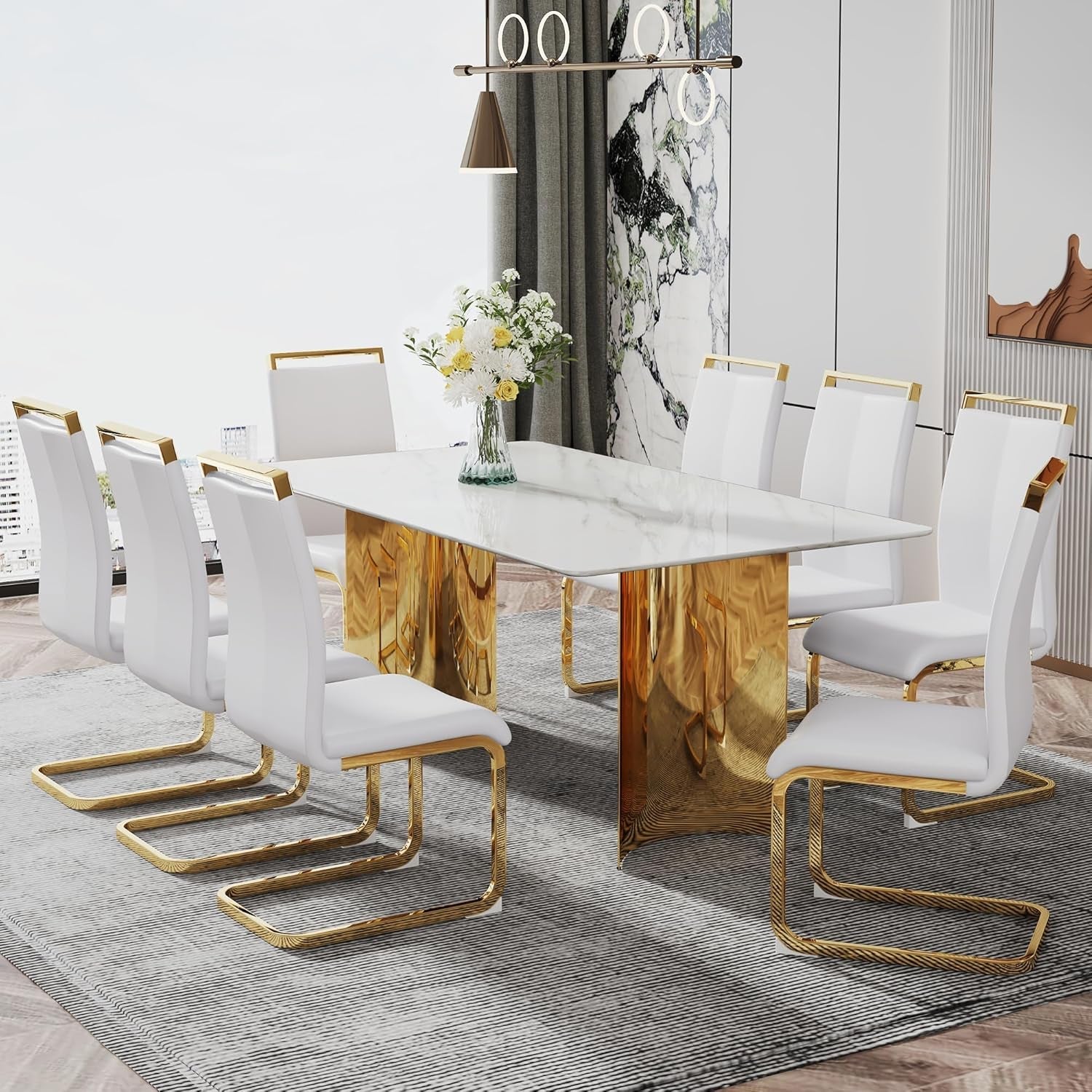 White Marble Dining Table 71 Inch Glass Top Gold Base-1