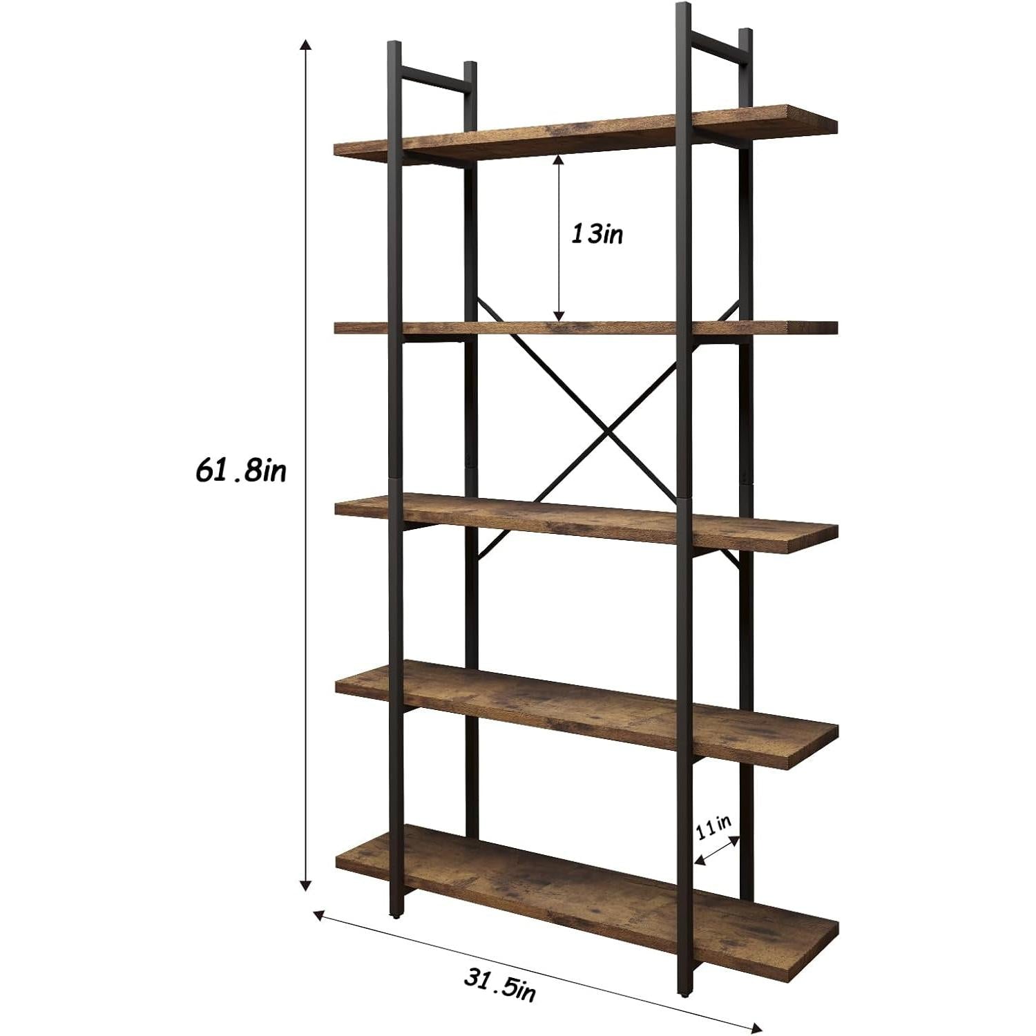 Five Tier Bookshelf Organizer Rustic Brown Metal Shelving-1
